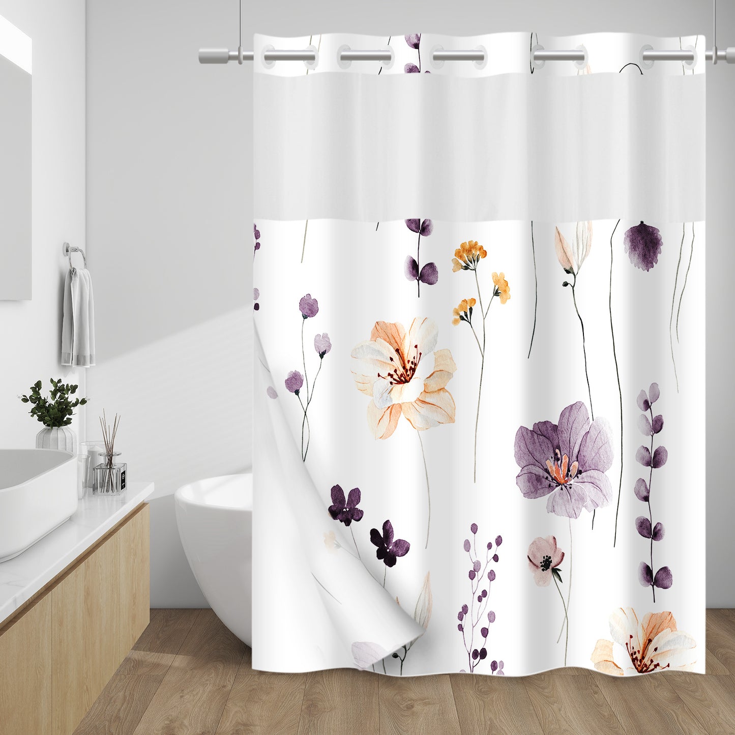 WITHLOC No Hook Shower Curtain with Snap in Liner - Fabric Waterproof Inner Liner, Plants Blue Beige Flowers White Cloth Shower Curtains Washable, 71 x 74 Inch / 71 x 86 Inch - Watercolor Floral Shower Curtain