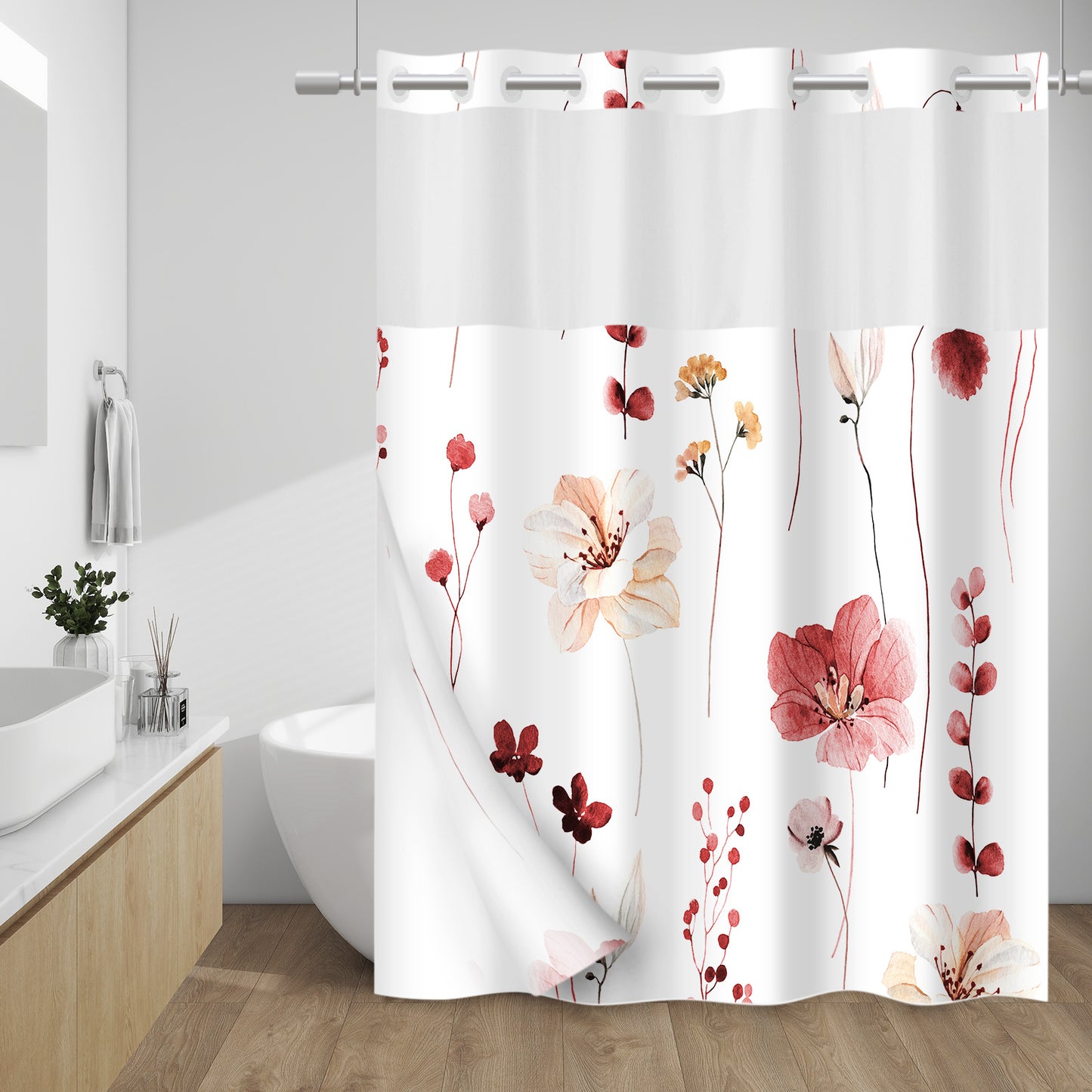 WITHLOC No Hook Shower Curtain with Snap in Liner - Fabric Waterproof Inner Liner, Plants Blue Beige Flowers White Cloth Shower Curtains Washable, 71 x 74 Inch / 71 x 86 Inch - Watercolor Floral Shower Curtain