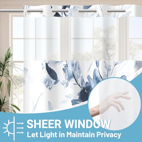 WITHLOC No Hook Shower Curtain with Snap in Liner - Watercolor Floral Shower Curtain - Fabric Waterproof Inner Liner, Plants Blue Beige Flowers White Cloth Shower Curtains Washable, 71 x 74 Inch