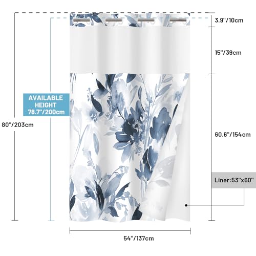 WITHLOC No Hook Shower Curtain with Snap in Liner - Watercolor Floral Shower Curtain - Fabric Waterproof Inner Liner, Plants Blue Beige Flowers White Cloth Shower Curtains Washable, 71 x 74 Inch
