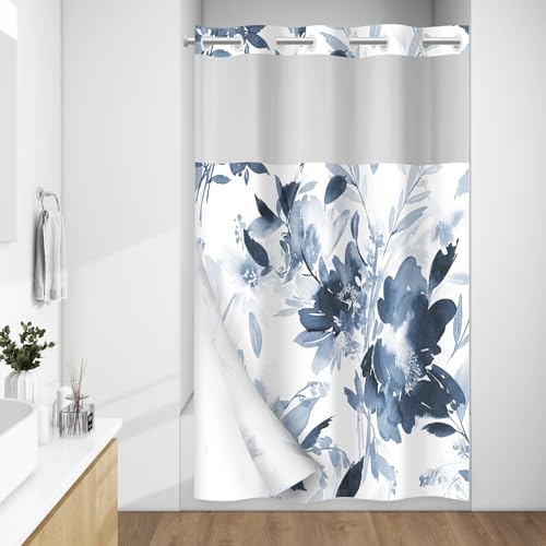 WITHLOC No Hook Shower Curtain with Snap in Liner - Watercolor Floral Shower Curtain - Fabric Waterproof Inner Liner, Plants Blue Beige Flowers White Cloth Shower Curtains Washable, 71 x 74 Inch