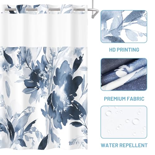 WITHLOC No Hook Shower Curtain with Snap in Liner - Watercolor Floral Shower Curtain - Fabric Waterproof Inner Liner, Plants Blue Beige Flowers White Cloth Shower Curtains Washable, 71 x 74 Inch