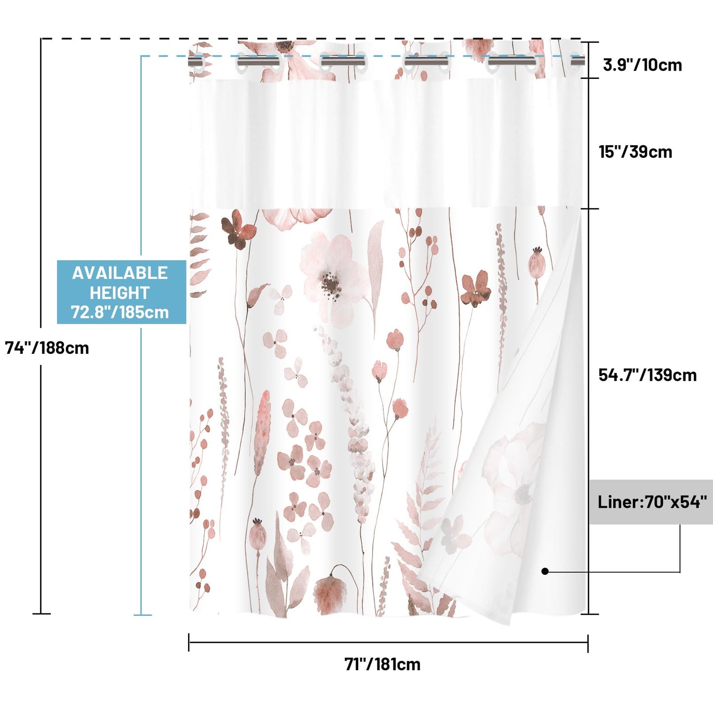 WITHLOC No Hook Shower Curtain with Snap in Liner - Floral Shower Curtain - Fabric Waterproof Inner Liner, Plants Watercolor Blush Modern Cloth Shower Curtains - Machine Washable, 71 x 74