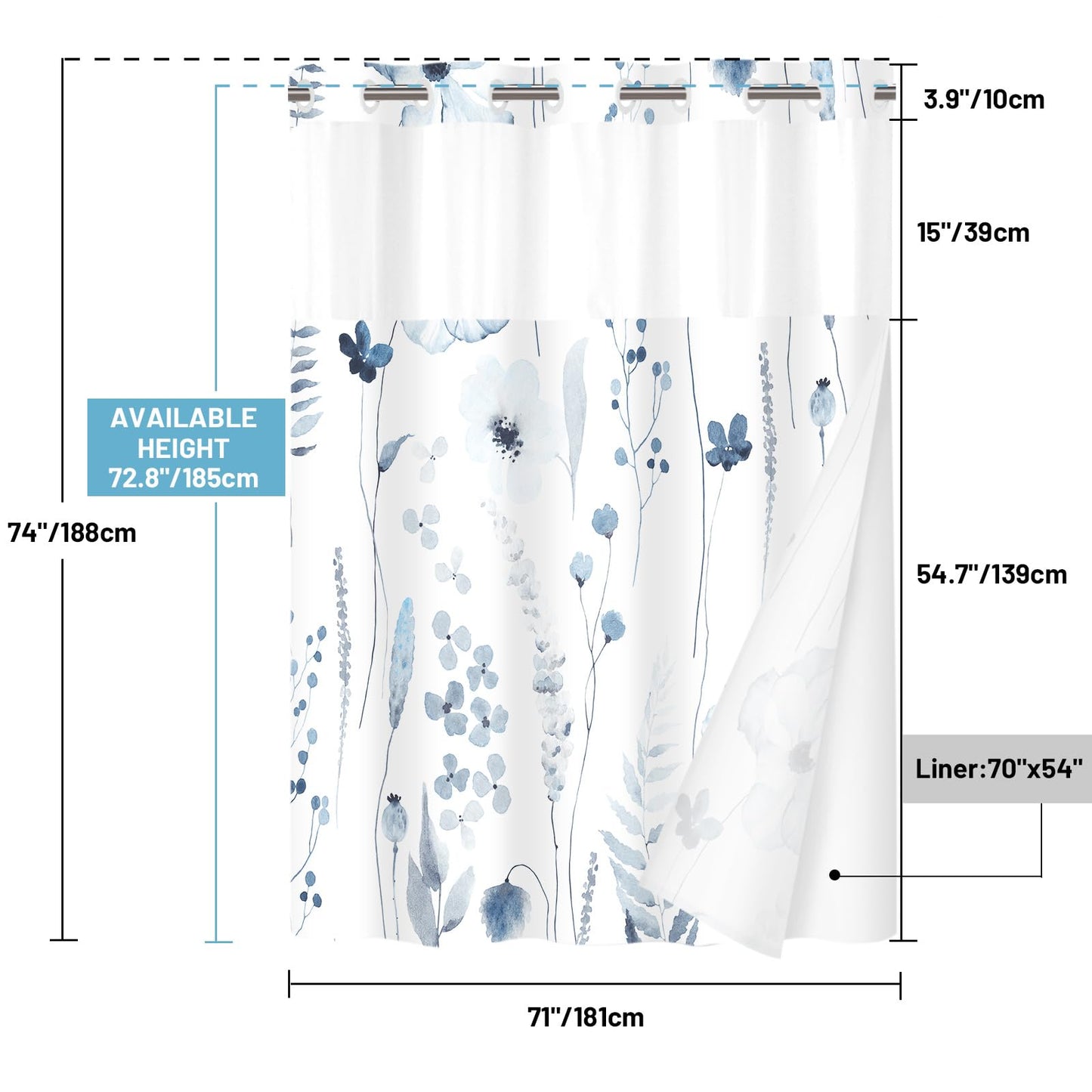 WITHLOC No Hook Shower Curtain with Snap in Liner - Floral Shower Curtain - Fabric Waterproof Inner Liner, Plants Watercolor Moonlight Blue Modern Cloth Shower Curtains - Machine Washable, 71 x 74