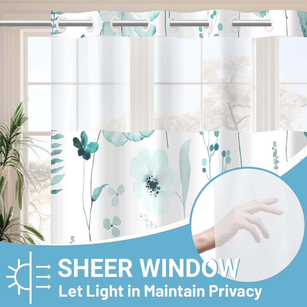 WITHLOC No Hook Shower Curtain with Snap in Liner - Floral Shower Curtain - Fabric Waterproof Inner Liner, Plants Watercolor Seaweed Green Modern Cloth Shower Curtains - Machine Washable, 71 x 74