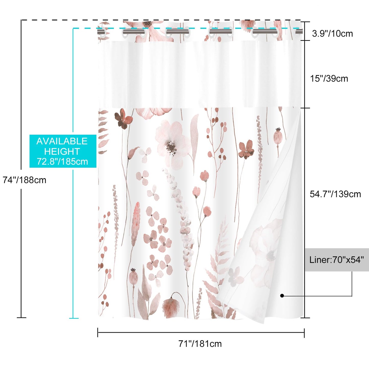 WITHLOC No Hook Shower Curtain with Snap in Liner - Floral Shower Curtain - Fabric Waterproof Inner Liner, Plants Watercolor Blush Modern Cloth Shower Curtains - Machine Washable, 71 x 74