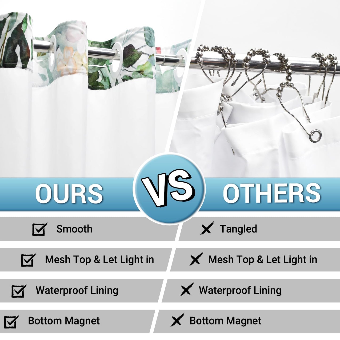 WITHLOC No Hook Shower Curtain with Snap in Liner - Eucalyptus Shower Curtain - Fabric Waterproof Inner Liner, Plants Sage Green Leaves Modern Shower Curtains - Machine Washable, 71 x 74