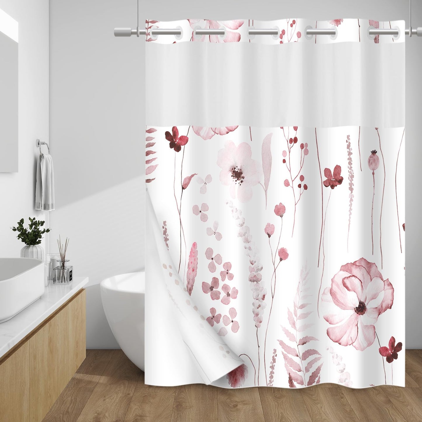 WITHLOC No Hook Shower Curtain with Snap in Liner - Floral Shower Curtain - Fabric Waterproof Inner Liner, Plants Watercolor Burgundy Modern Cloth Shower Curtains - Machine Washable, 71 x 74