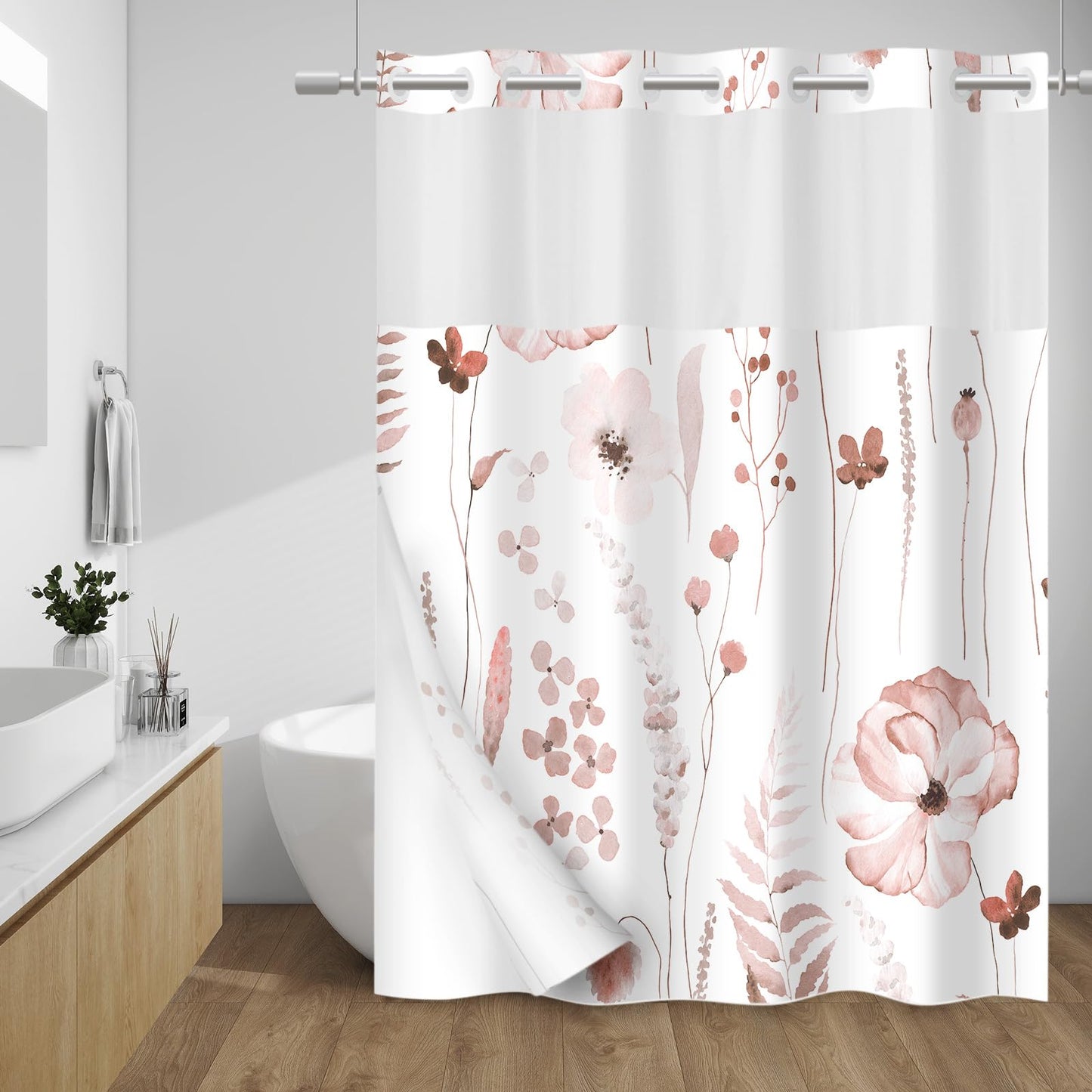 WITHLOC No Hook Shower Curtain with Snap in Liner - Floral Shower Curtain - Fabric Waterproof Inner Liner, Plants Watercolor Blush Modern Cloth Shower Curtains - Machine Washable, 71 x 74