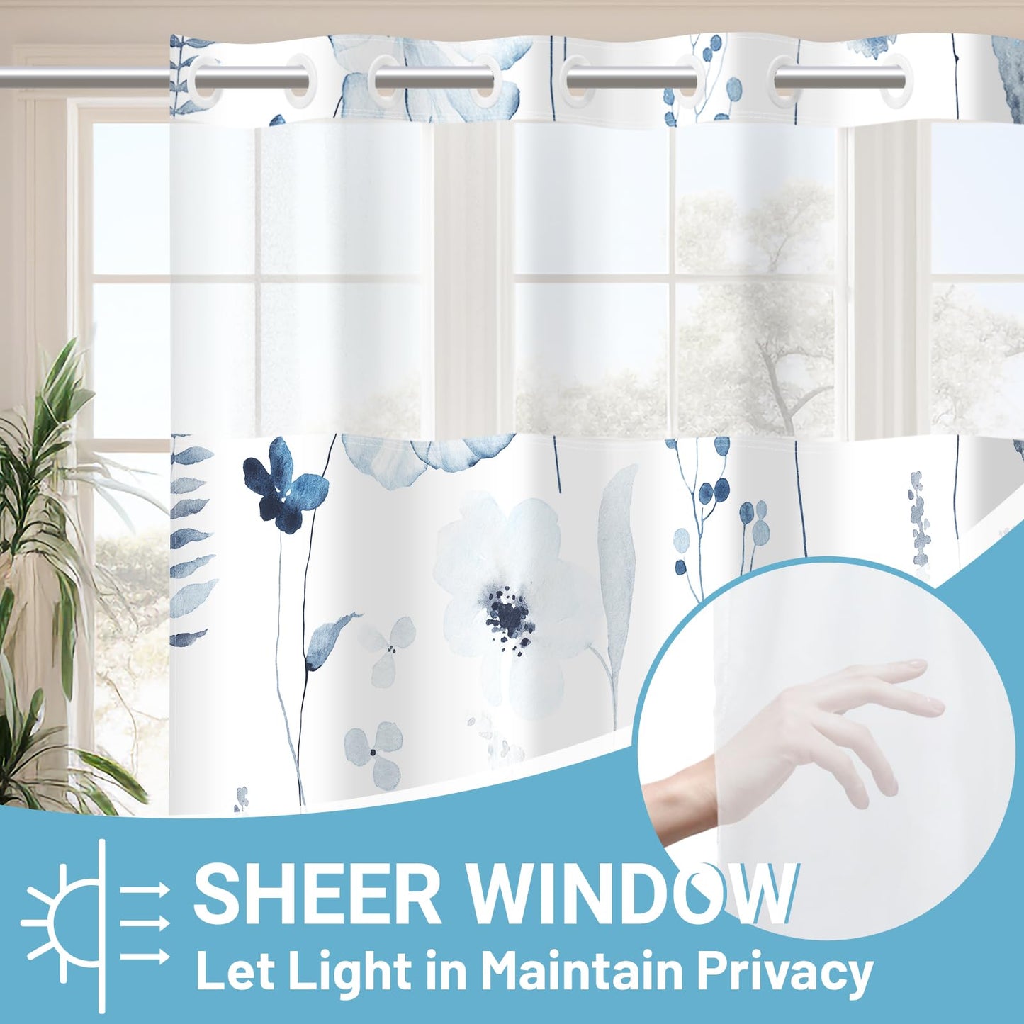 WITHLOC No Hook Shower Curtain with Snap in Liner - Floral Shower Curtain - Fabric Waterproof Inner Liner, Plants Watercolor Moonlight Blue Modern Cloth Shower Curtains - Machine Washable, 71 x 74