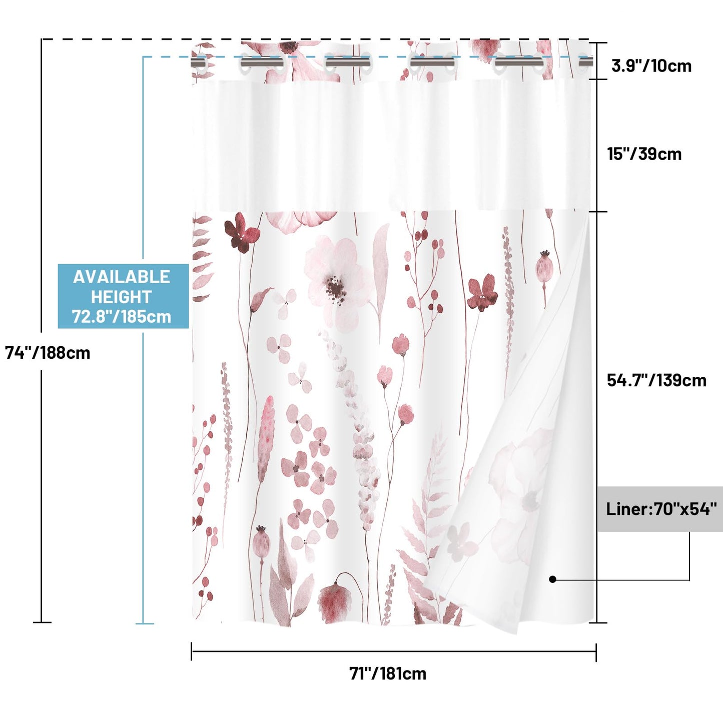 WITHLOC No Hook Shower Curtain with Snap in Liner - Floral Shower Curtain - Fabric Waterproof Inner Liner, Plants Watercolor Burgundy Modern Cloth Shower Curtains - Machine Washable, 71 x 74
