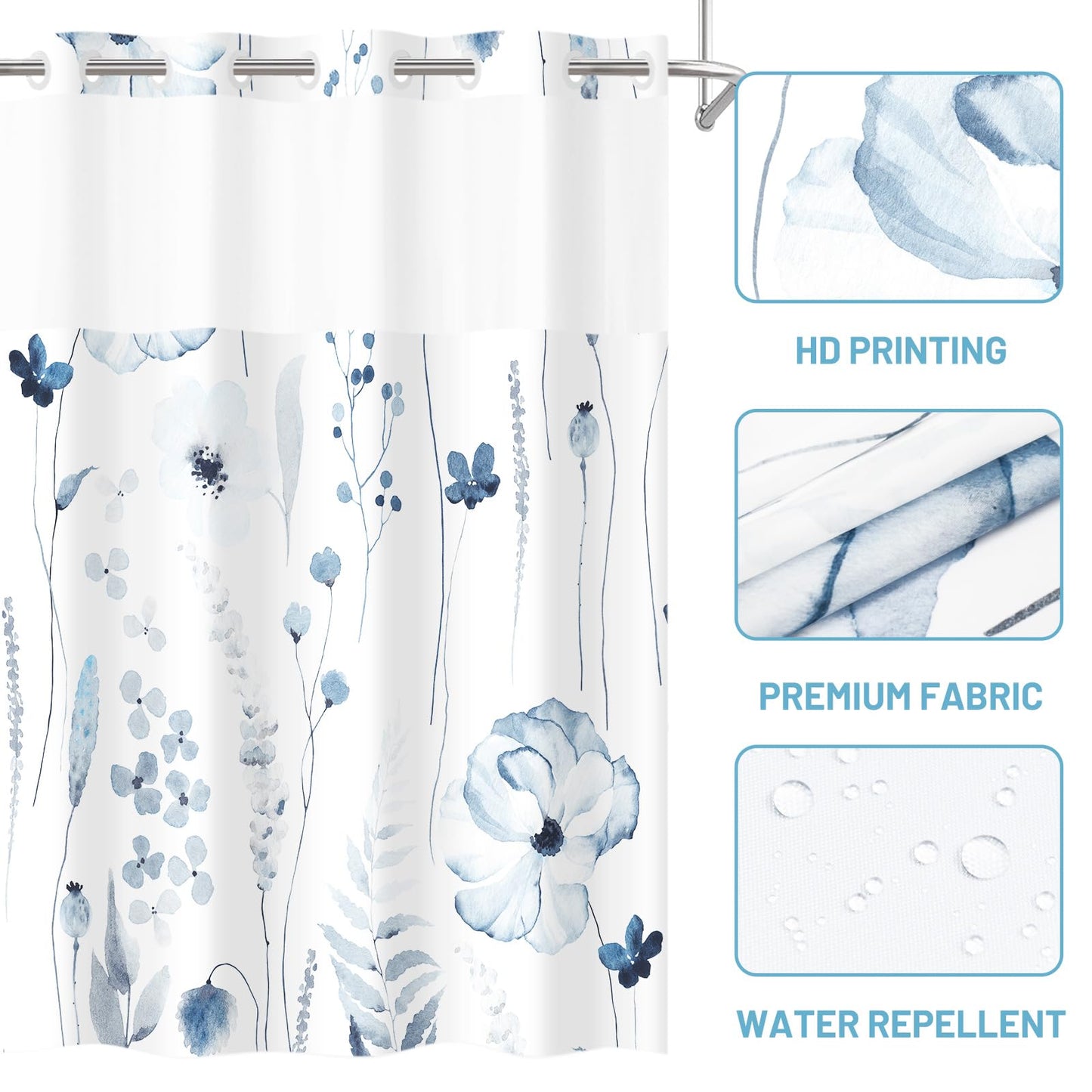 WITHLOC No Hook Shower Curtain with Snap in Liner - Floral Shower Curtain - Fabric Waterproof Inner Liner, Plants Watercolor Moonlight Blue Modern Cloth Shower Curtains - Machine Washable, 71 x 74