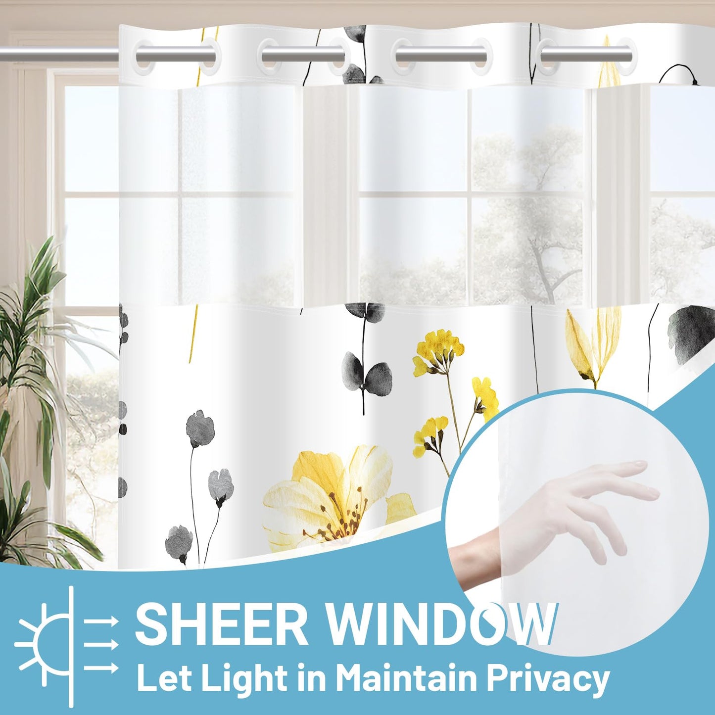 WITHLOC No Hook Shower Curtain with Snap in Liner - Floral Shower Curtain - Fabric Waterproof Inner Liner, Plants Watercolor Yellow Gray Modern Cloth Shower Curtains - Machine Washable, 71 x 77