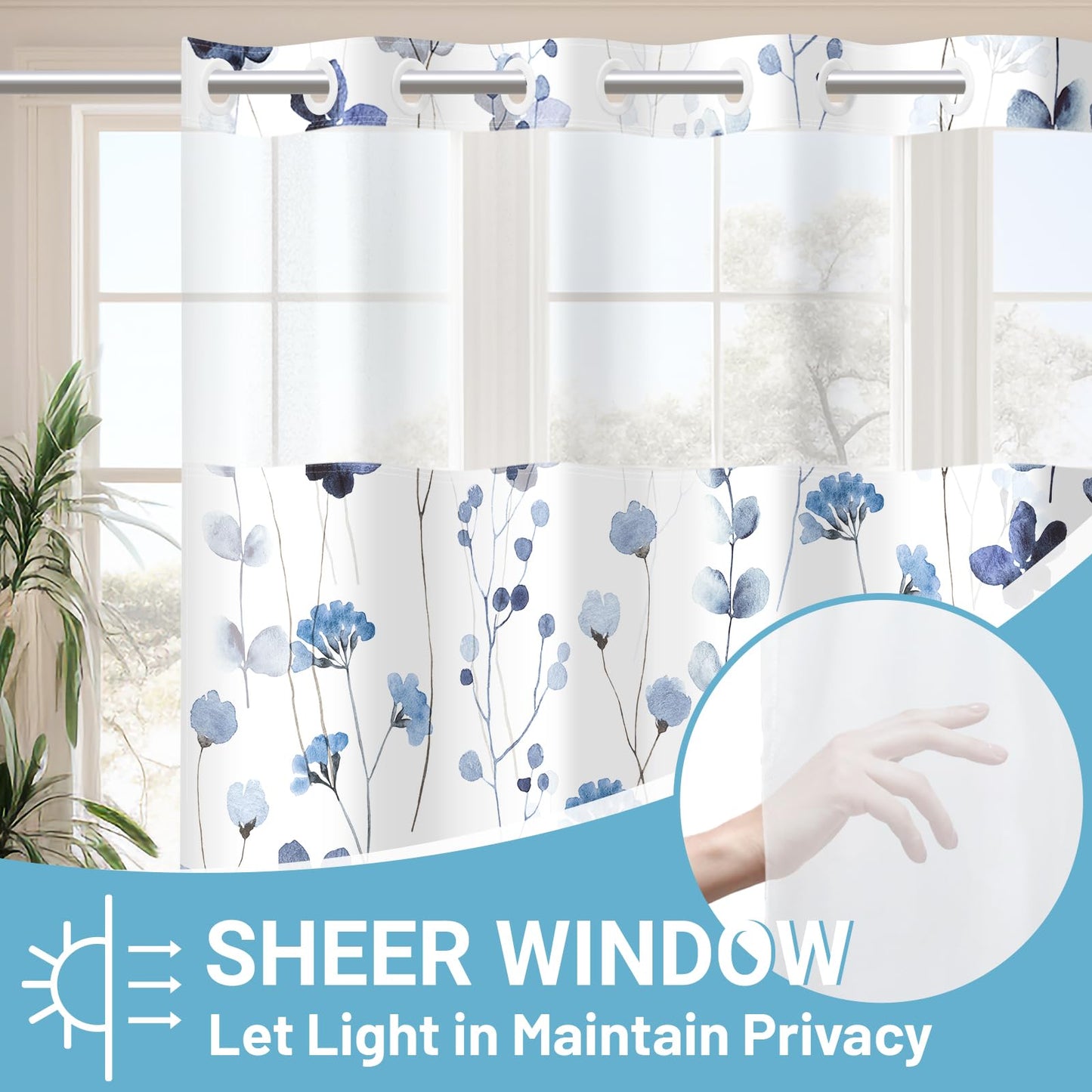 WITHLOC No Hook Shower Curtain with Snap in Liner - Watercolor Floral Shower Curtain - Fabric Waterproof Inner Liner, Plants Blue Flowers White Cloth Shower Curtains - Machine Washable, 71 x 74