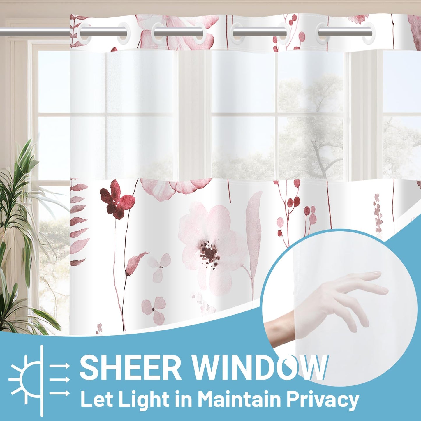 WITHLOC No Hook Shower Curtain with Snap in Liner - Floral Shower Curtain - Fabric Waterproof Inner Liner, Plants Watercolor Burgundy Modern Cloth Shower Curtains - Machine Washable, 71 x 74