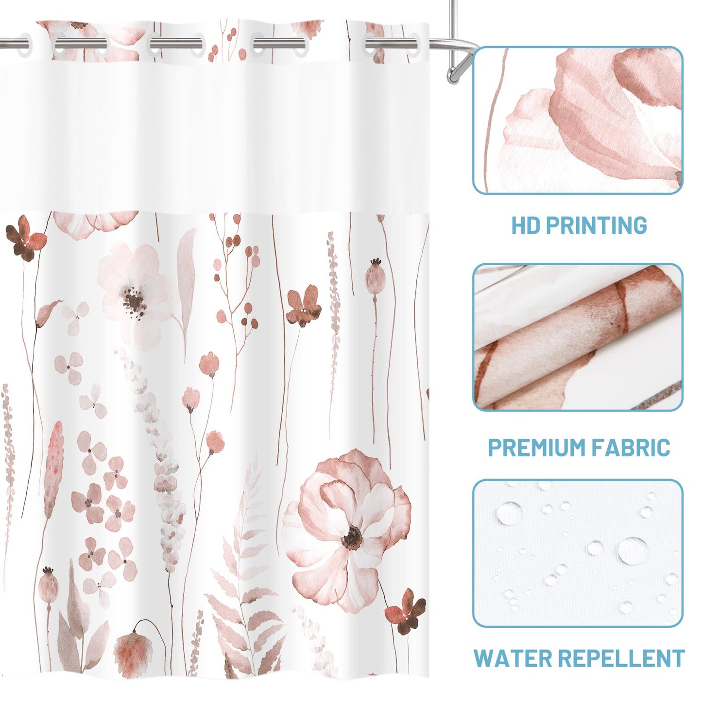 WITHLOC No Hook Shower Curtain with Snap in Liner - Floral Shower Curtain - Fabric Waterproof Inner Liner, Plants Watercolor Blush Modern Cloth Shower Curtains - Machine Washable, 71 x 74