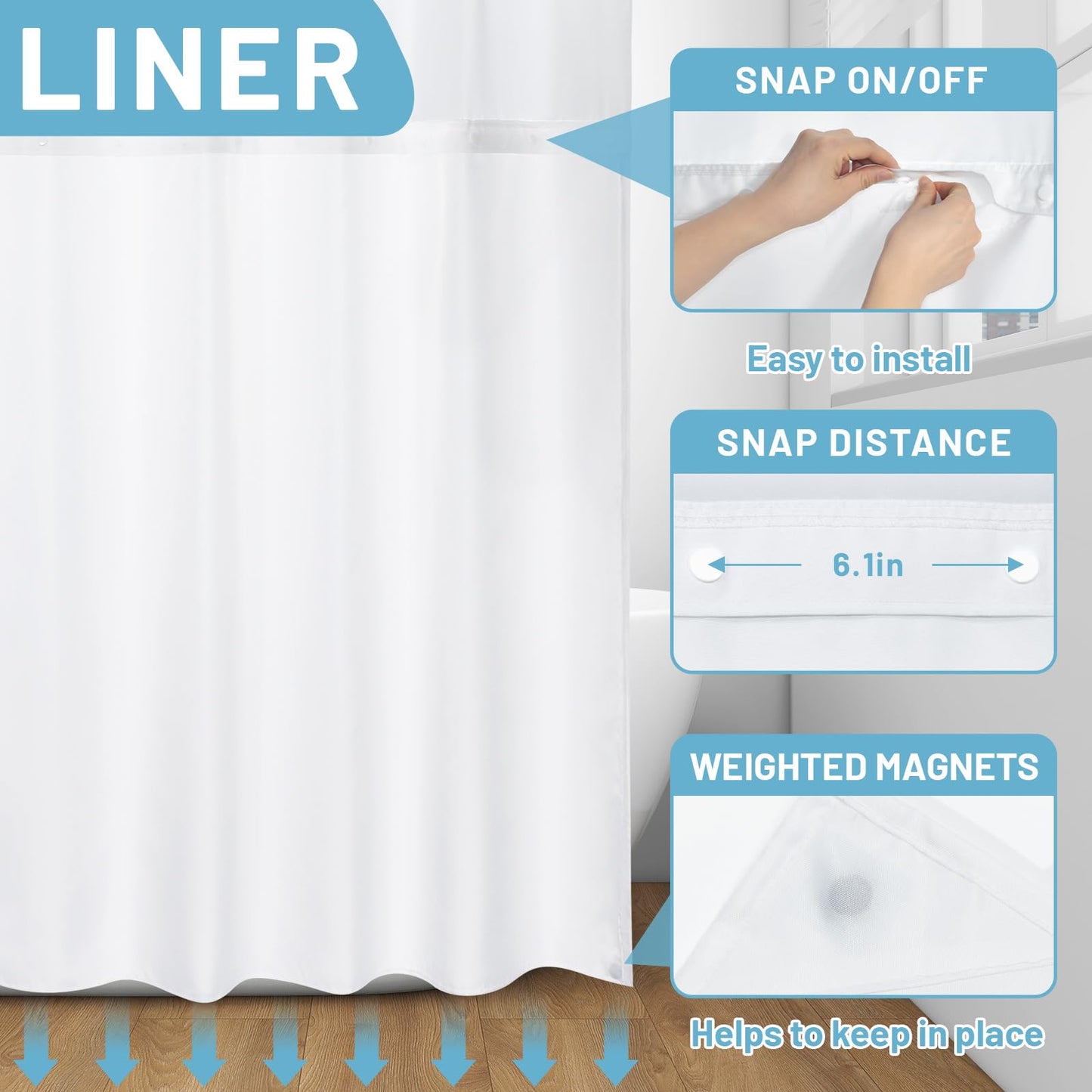 WITHLOC No Hook Shower Curtain with Snap in Liner - Floral Shower Curtain - Fabric Waterproof Inner Liner, Plants Watercolor Moonlight Blue Modern Cloth Shower Curtains - Machine Washable, 71 x 74