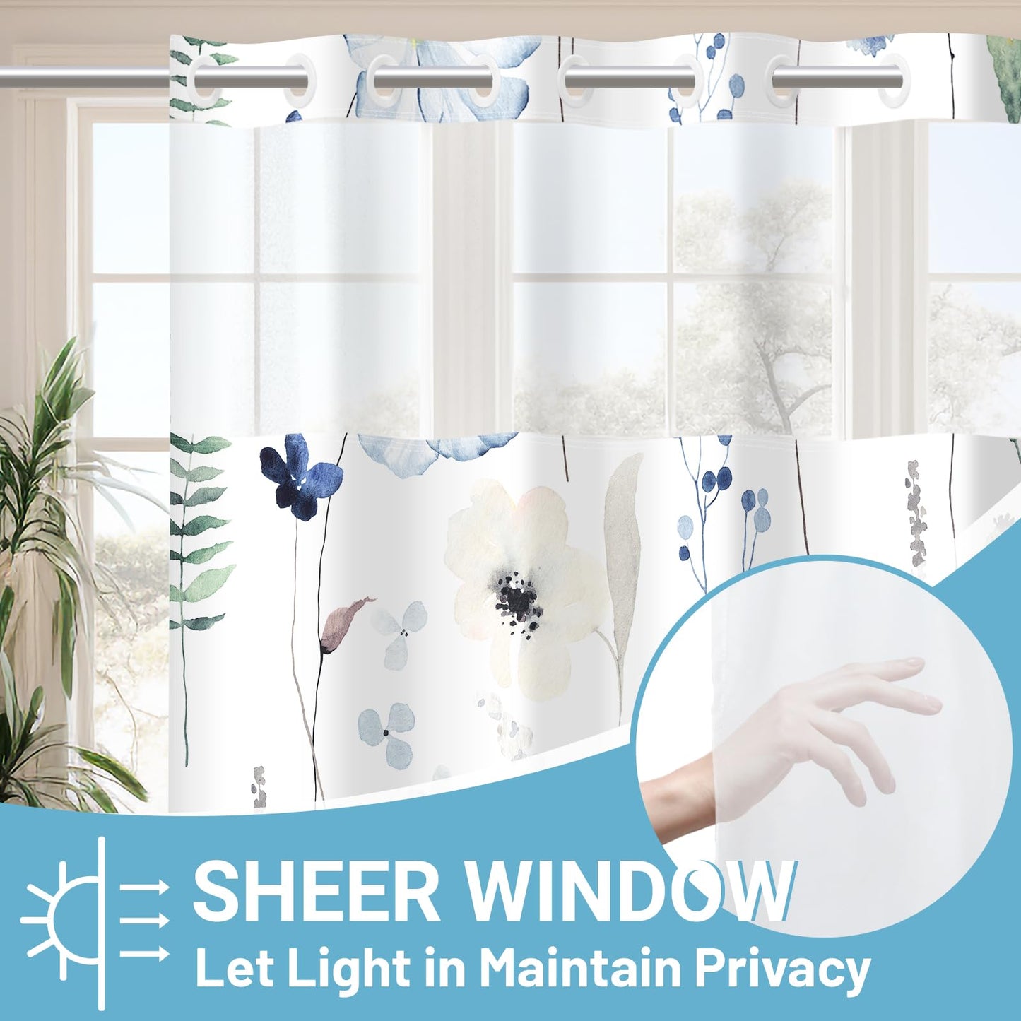 WITHLOC No Hook Shower Curtain with Snap in Liner - Floral Shower Curtain - Fabric Waterproof Inner Liner, Plants Watercolor Navy Blue Modern Cloth Shower Curtains - Machine Washable, 71 x 74