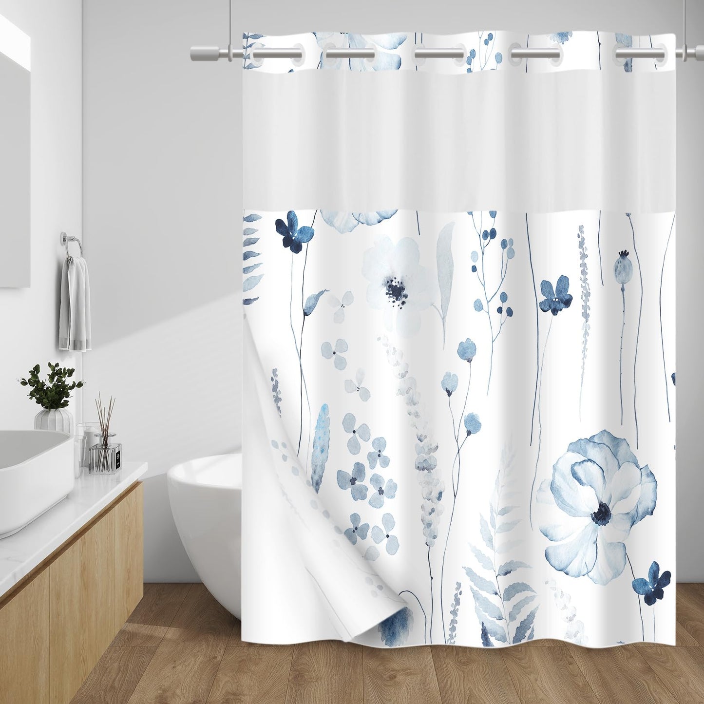 WITHLOC No Hook Shower Curtain with Snap in Liner - Floral Shower Curtain - Fabric Waterproof Inner Liner, Plants Watercolor Moonlight Blue Modern Cloth Shower Curtains - Machine Washable, 71 x 74