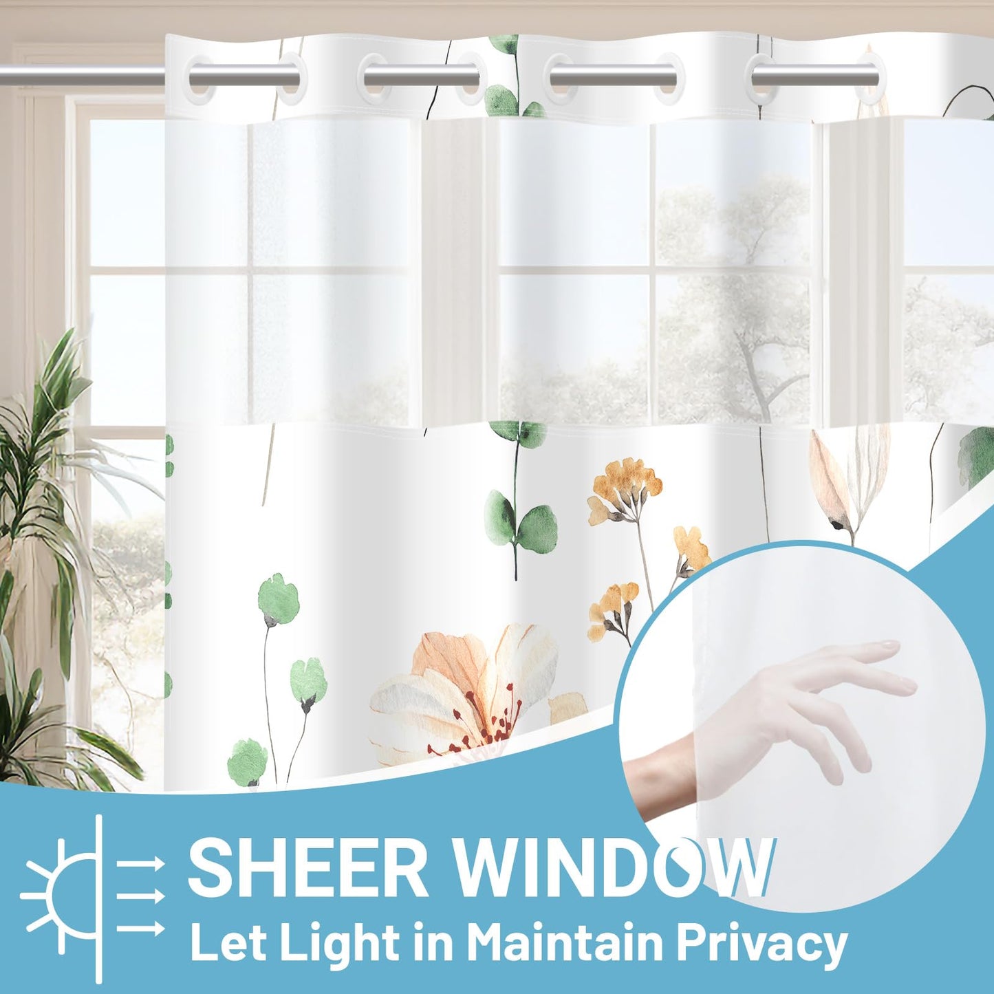 WITHLOC No Hook Shower Curtain with Snap in Liner - Floral Shower Curtain - Fabric Waterproof Inner Liner, Plants Watercolor Sage Green Modern Cloth Shower Curtains - Machine Washable, 71 x 77