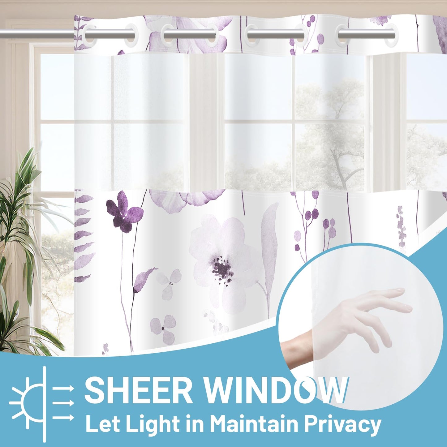 WITHLOC No Hook Shower Curtain with Snap in Liner - Floral Shower Curtain - Fabric Waterproof Inner Liner, Plants Watercolor Plum Modern Cloth Shower Curtains - Machine Washable, 71 x 74