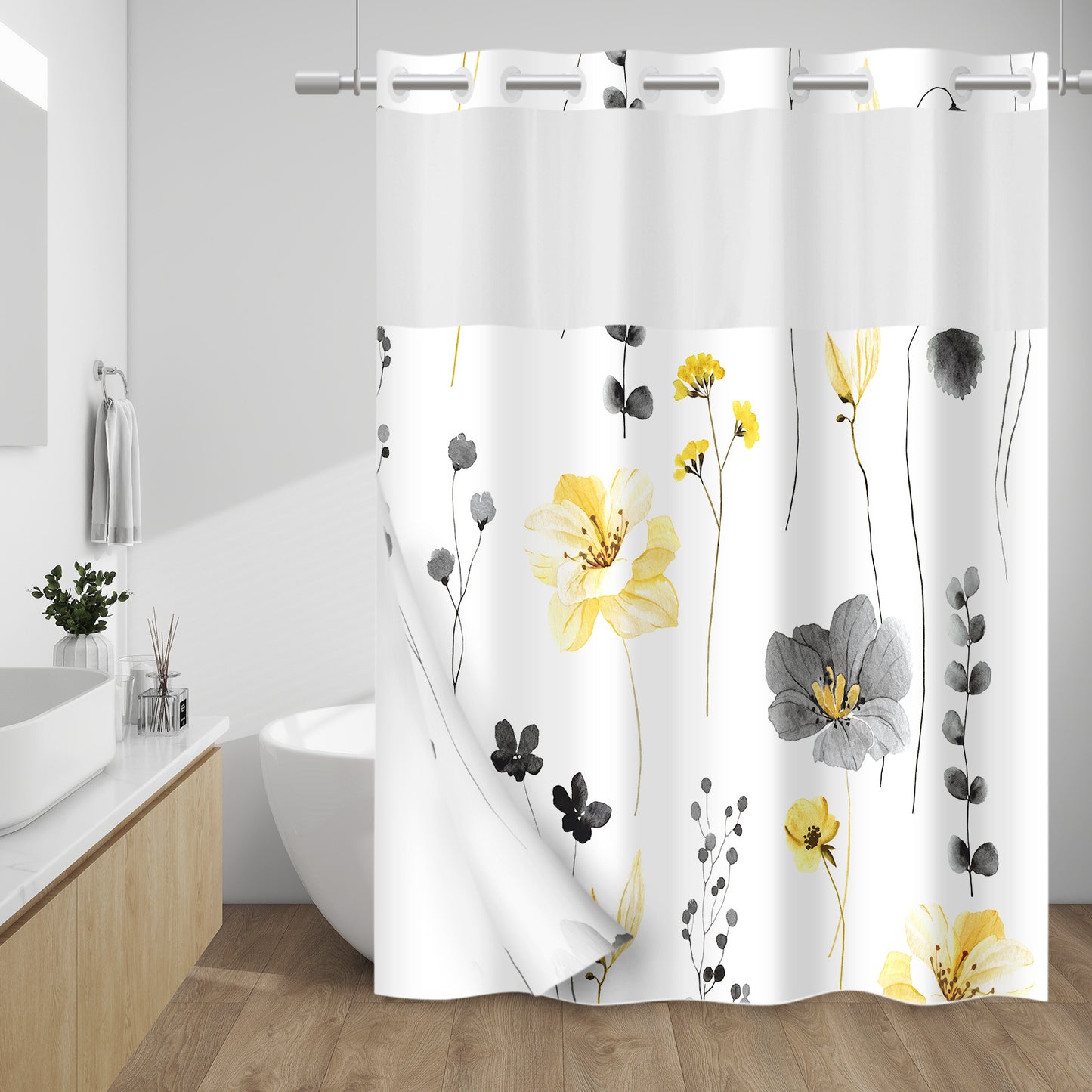 WITHLOC No Hook Shower Curtain with Snap in Liner -  Fabric Waterproof Inner Liner, Plants Blue Beige Flowers White Cloth Shower Curtains Washable, 71 x 74 Inch / 71 x 86 Inch - Watercolor Floral Shower Curtain