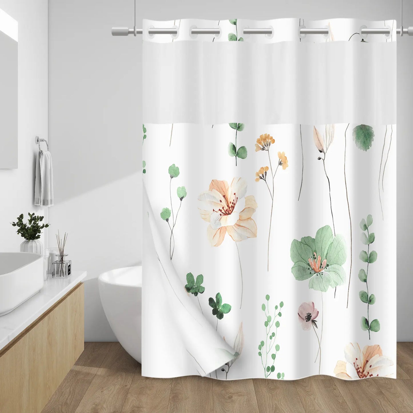 WITHLOC No Hook Shower Curtain with Snap in Liner -  Fabric Waterproof Inner Liner, Plants Blue Beige Flowers White Cloth Shower Curtains Washable, 71 x 74 Inch / 71 x 86 Inch - Watercolor Floral Shower Curtain