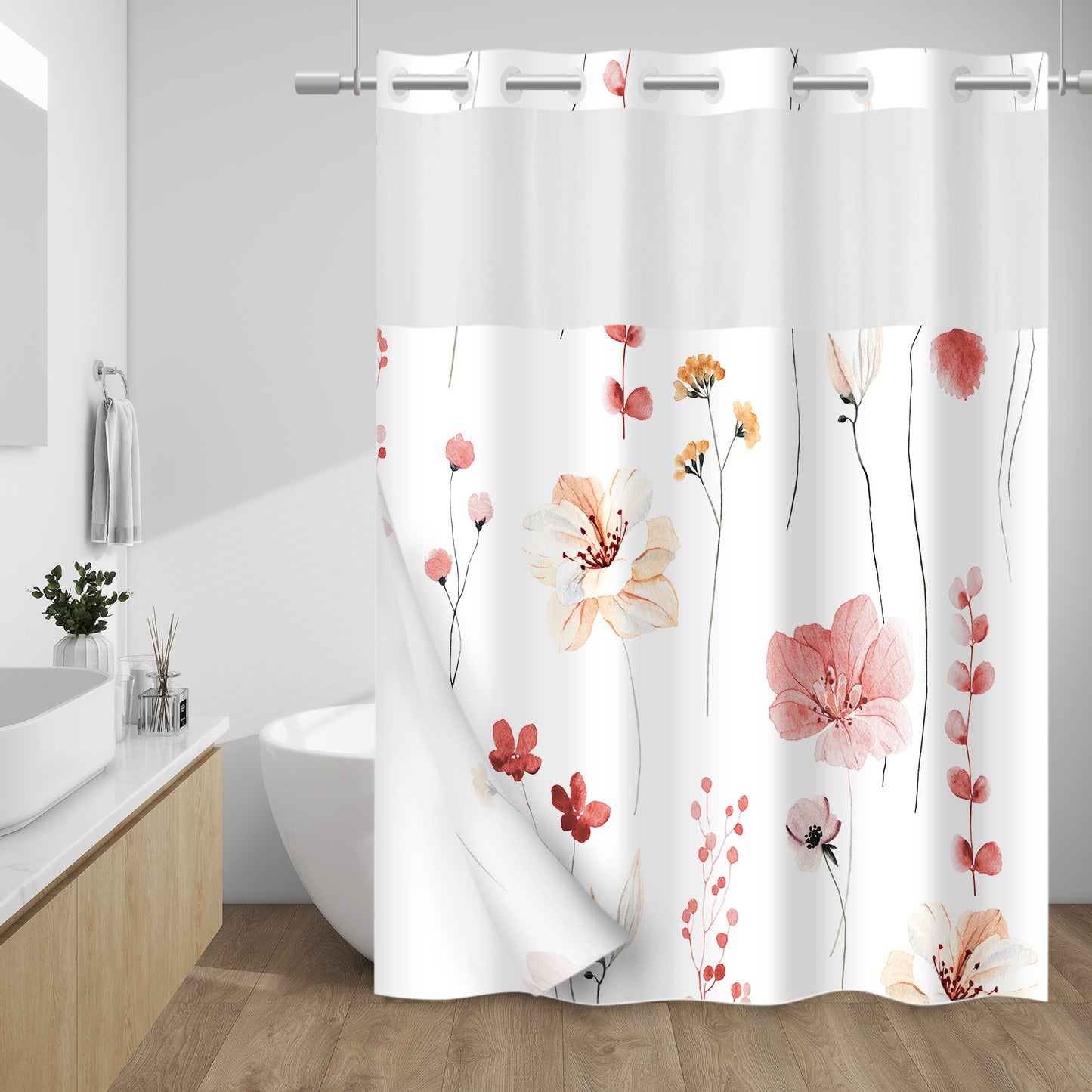 WITHLOC No Hook Shower Curtain with Snap in Liner -  Fabric Waterproof Inner Liner, Plants Blue Beige Flowers White Cloth Shower Curtains Washable, 71 x 74 Inch / 71 x 86 Inch - Watercolor Floral Shower Curtain