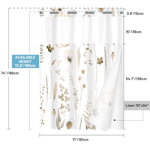 WITHLOC No Hook Shower Curtain with Snap in Liner - Floral Shower Curtain - Fabric Waterproof Inner Liner, Plants Watercolor Beige Modern Cloth Shower Curtains - Machine Washable, 71 x 74