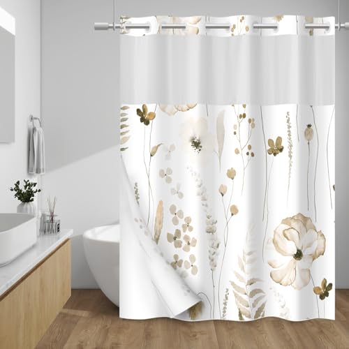 WITHLOC No Hook Shower Curtain with Snap in Liner - Floral Shower Curtain - Fabric Waterproof Inner Liner, Plants Watercolor Beige Modern Cloth Shower Curtains - Machine Washable, 71 x 74