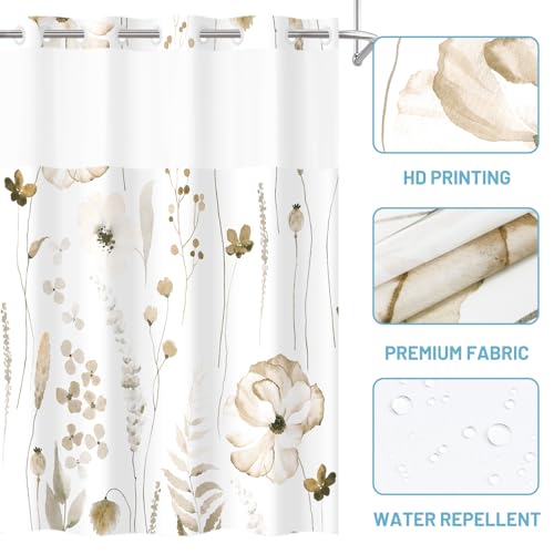 WITHLOC No Hook Shower Curtain with Snap in Liner - Floral Shower Curtain - Fabric Waterproof Inner Liner, Plants Watercolor Beige Modern Cloth Shower Curtains - Machine Washable, 71 x 74