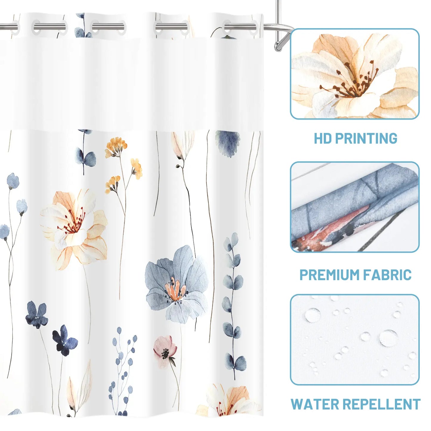 WITHLOC No Hook Shower Curtain with Snap in Liner -  Fabric Waterproof Inner Liner, Plants Blue Beige Flowers White Cloth Shower Curtains Washable, 71 x 74 Inch / 71 x 86 Inch - Watercolor Floral Shower Curtain