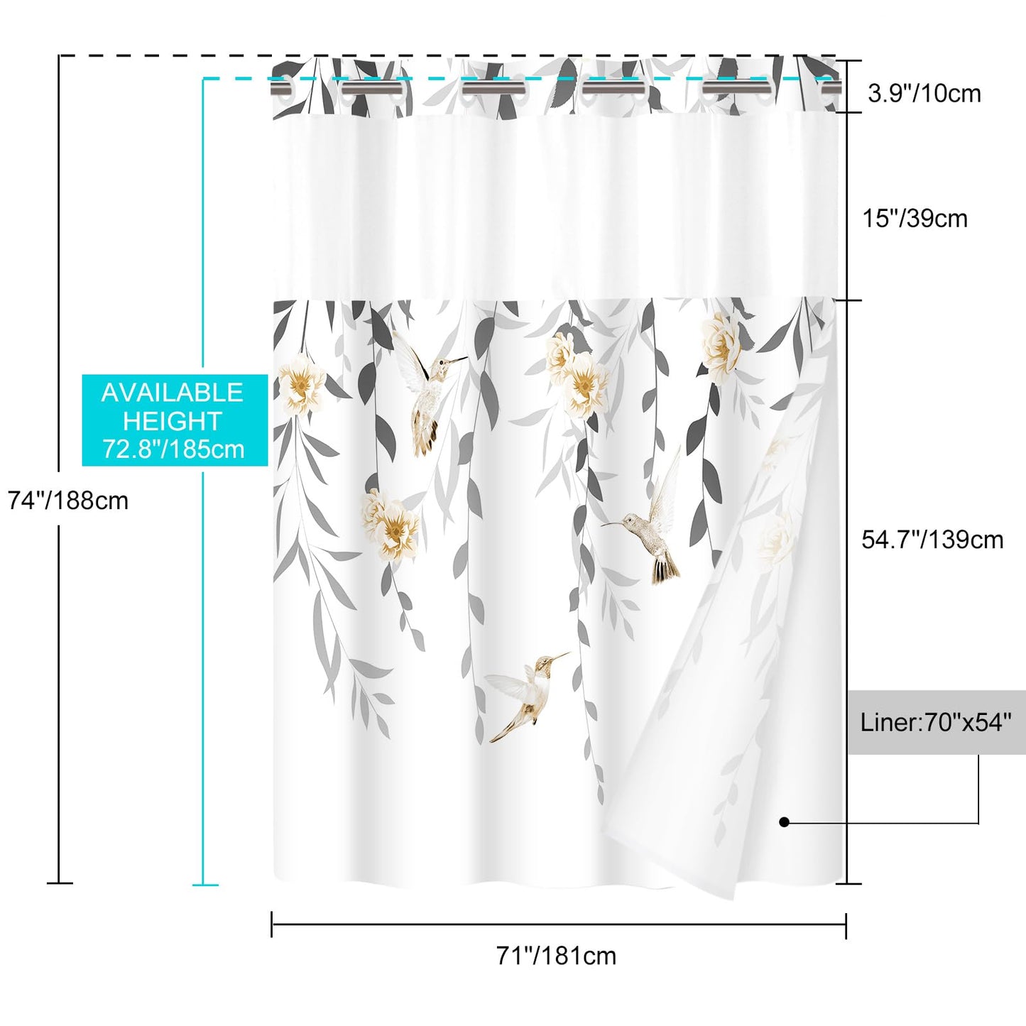 WITHLOC No Hook Shower Curtain with Snap in Liner - Fabric Waterproof Inner Liner, Plants Yellow Floral Grey Nature Birds Cloth Shower Curtains Washable, 71 x 74 Inch