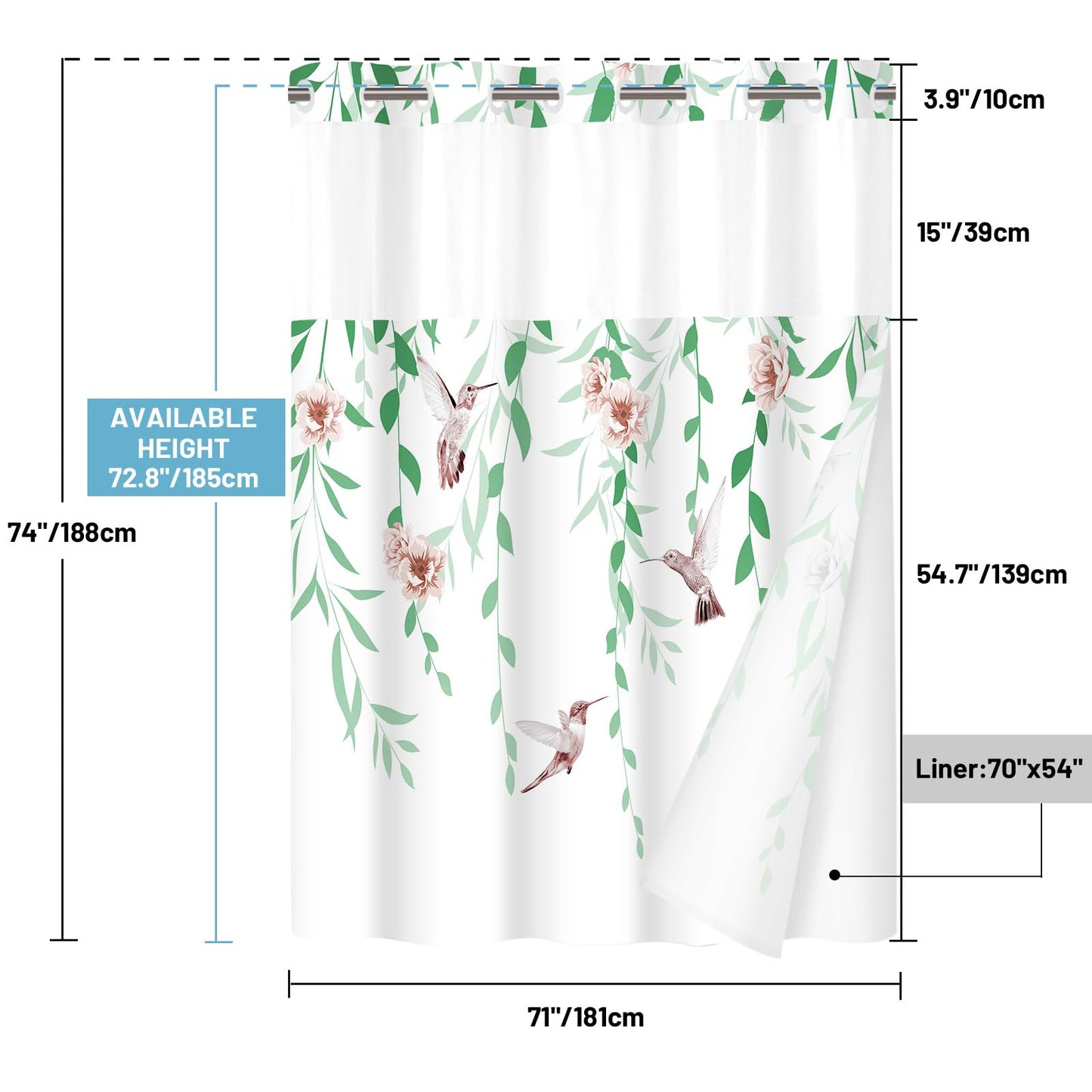 WITHLOC No Hook Shower Curtain with Snap in Liner - Fabric Waterproof Inner Liner, Plants Green Floral Pink Nature Birds Cloth Shower Curtains Washable, 71 x 74 Inch