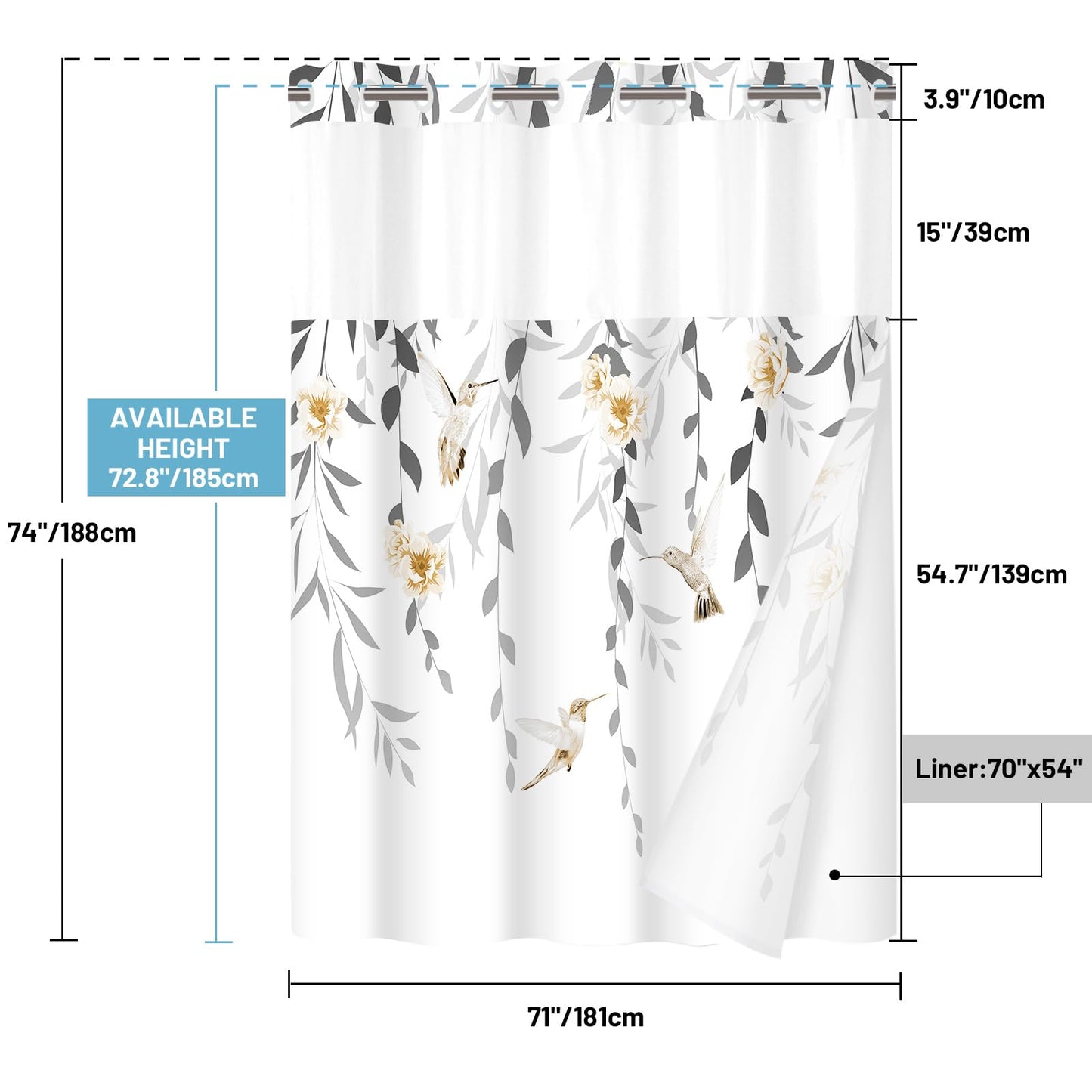 WITHLOC No Hook Shower Curtain with Snap in Liner - Fabric Waterproof Inner Liner, Plants Yellow Floral Grey Nature Birds Cloth Shower Curtains Washable, 71 x 74 Inch