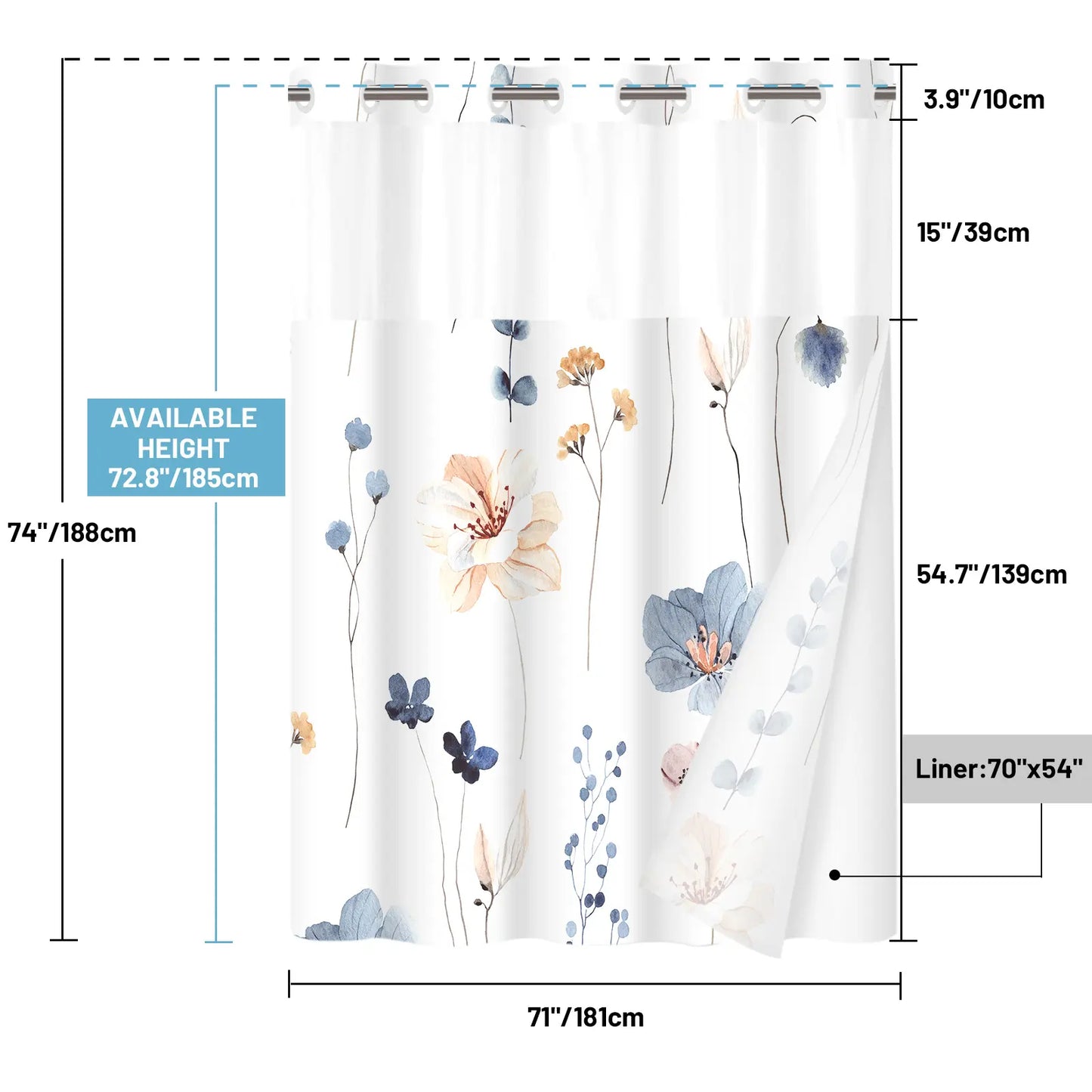 WITHLOC No Hook Shower Curtain with Snap in Liner -  Fabric Waterproof Inner Liner, Plants Blue Beige Flowers White Cloth Shower Curtains Washable, 71 x 74 Inch / 71 x 86 Inch - Watercolor Floral Shower Curtain