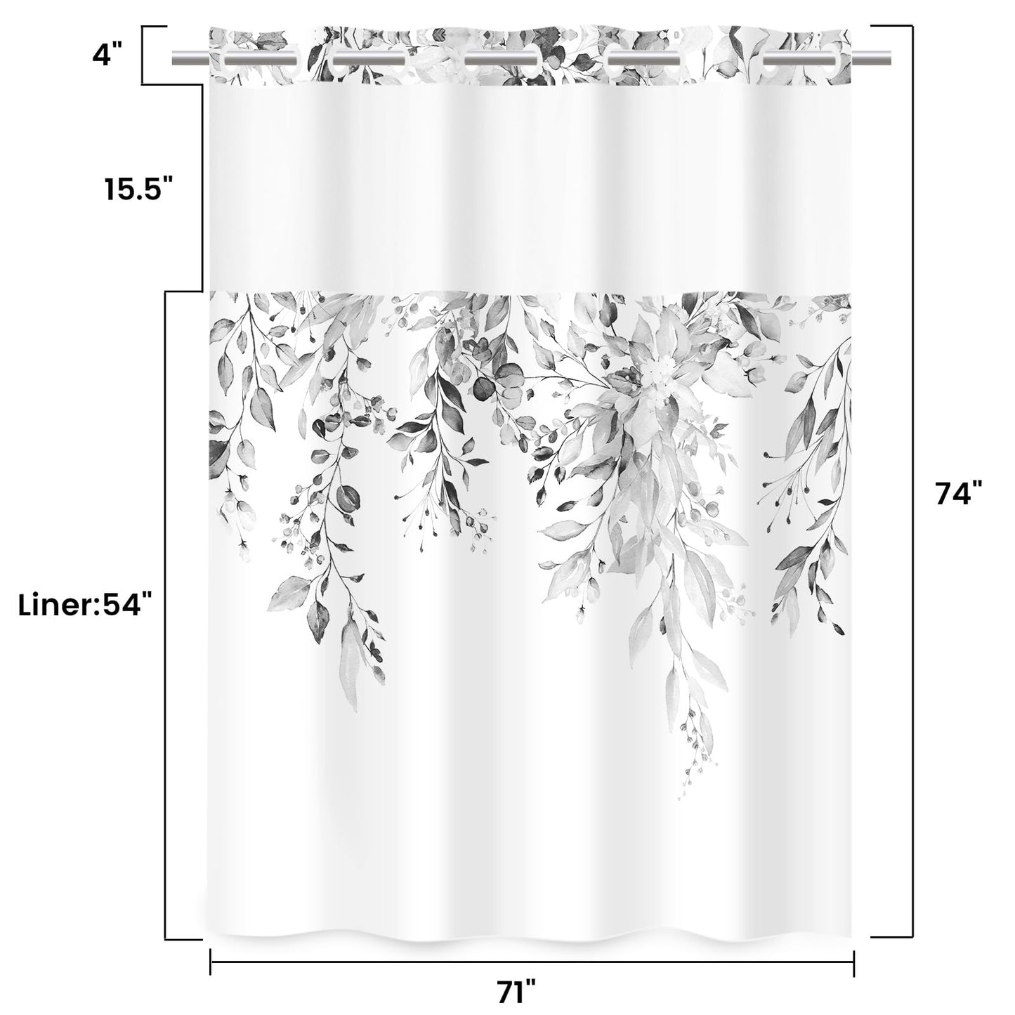 WITHLOC No Hook Shower Curtain with Snap in Liner - Eucalyptus Shower Curtain - Fabric Waterproof Inner Liner, Plants Grey Leaves Modern Shower Curtains - Machine Washable, 71 x 74