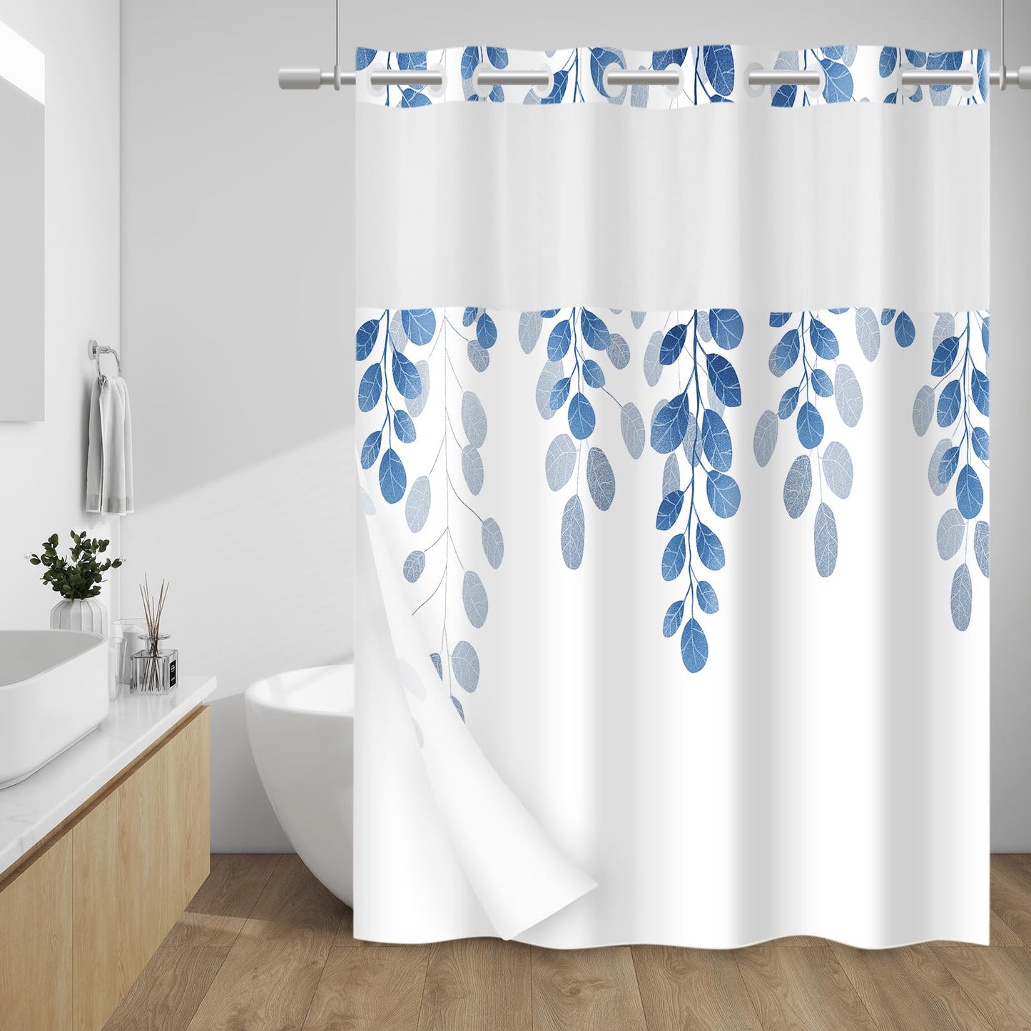 WITHLOC No Hook Shower Curtain with Snap in Liner - Eucalyptus Shower Curtain - Fabric Waterproof Inner Liner, Plants Blue Leaves Farmhouse Cloth Shower Curtains - Machine Washable, 71 x 74 Inch