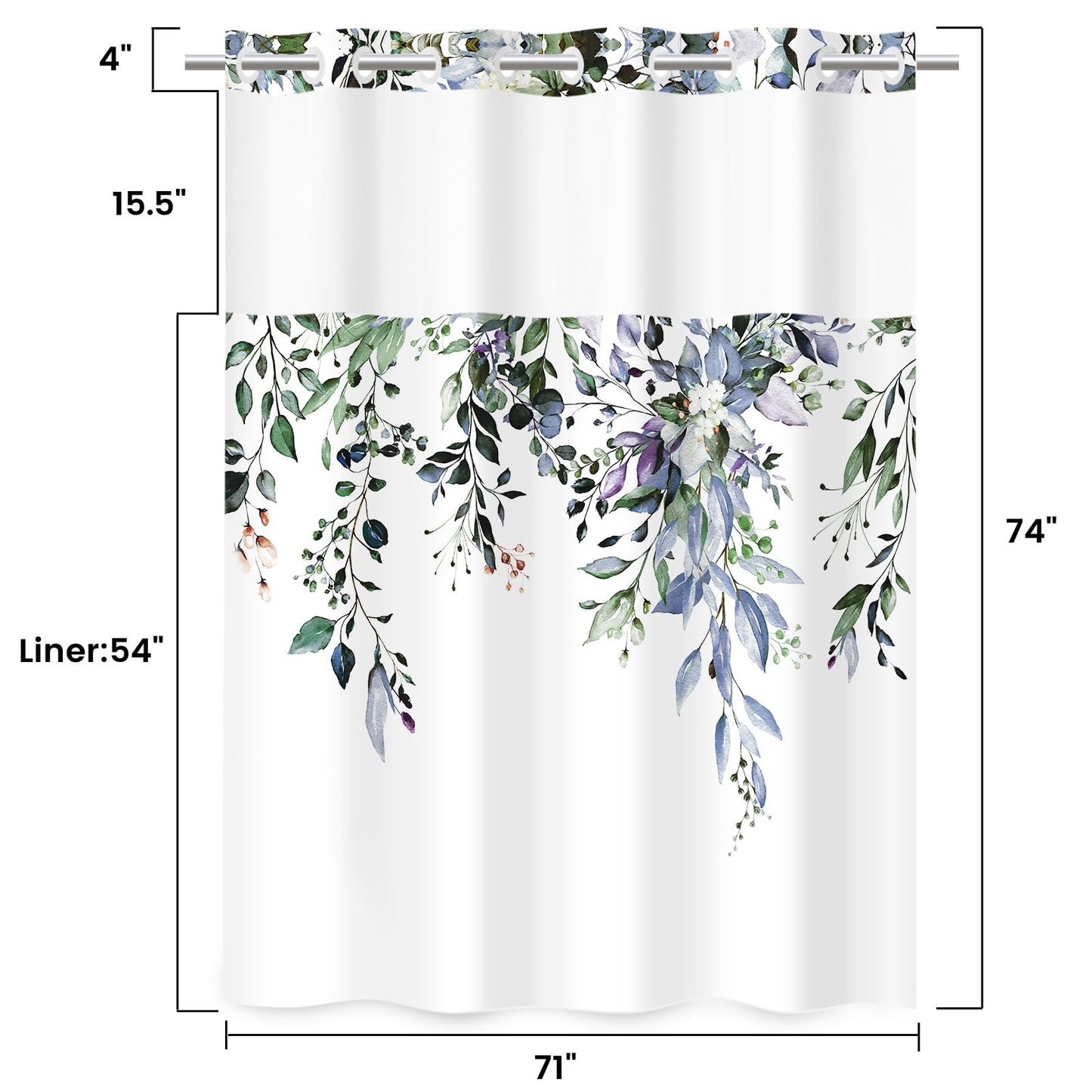 WITHLOC No Hook Shower Curtain with Snap in Liner - Eucalyptus Shower Curtain - Fabric Waterproof Inner Liner, Plants Green Leaves Modern Shower Curtains - Machine Washable, 71 x 74