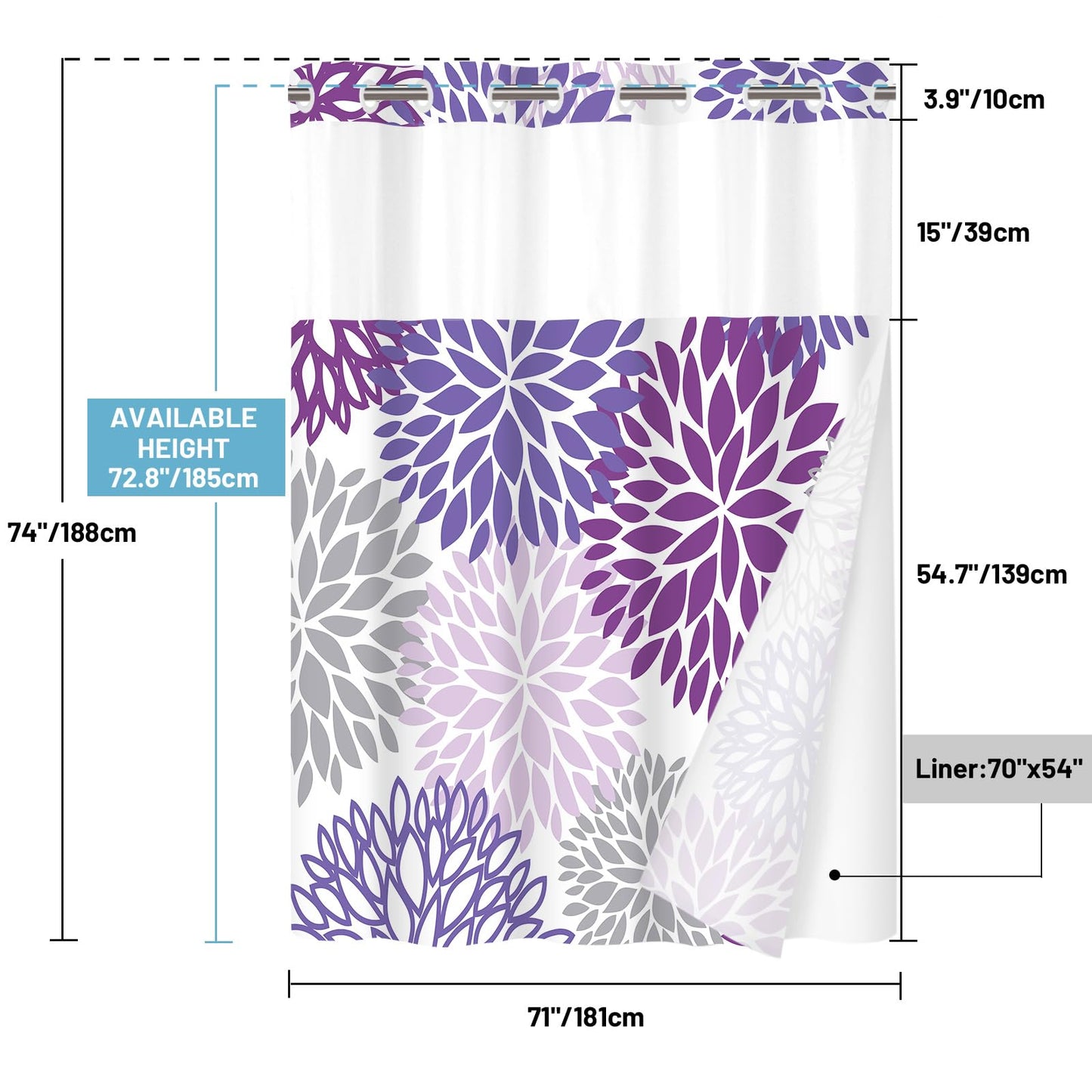 WITHLOC No Hook Shower Curtain with Snap in Liner - Dahlia Floral Shower Curtain - Fabric Waterproof Inner Liner, Plants Purple Grey Flowers Modern Cloth Shower Curtains - Machine Washable, 71 x 74