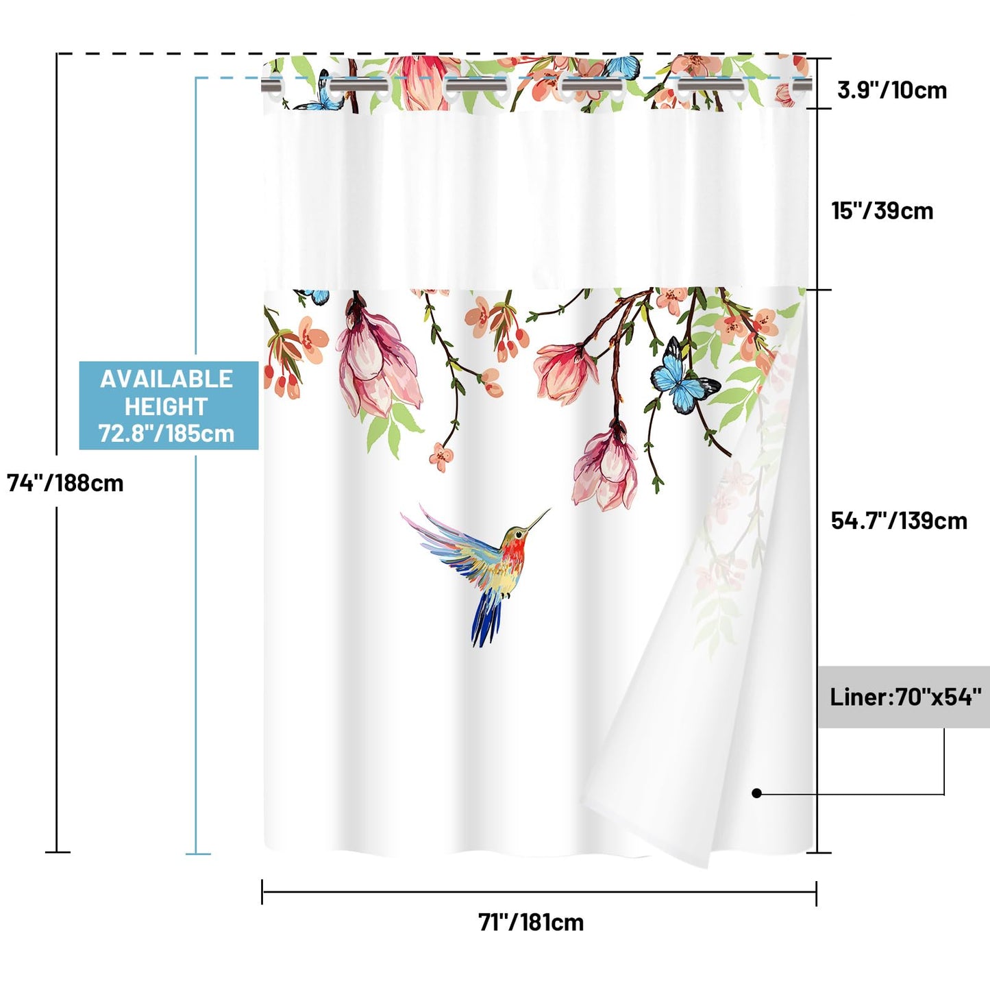 WITHLOC No Hook Shower Curtain with Snap in Liner - Fabric Waterproof Inner Liner, Plants Pink Floral Blue Nature Birds Cloth Shower Curtains Washable, 71 x 74 Inch