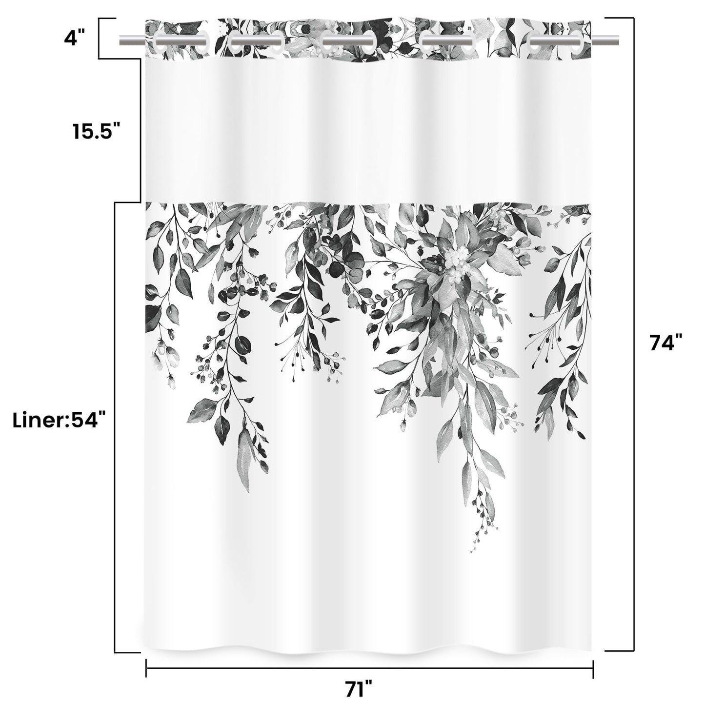 WITHLOC No Hook Shower Curtain with Snap in Liner - Eucalyptus Shower Curtain - Fabric Waterproof Inner Liner, Plants Black Leaves Modern Shower Curtains - Machine Washable, 71 x 74