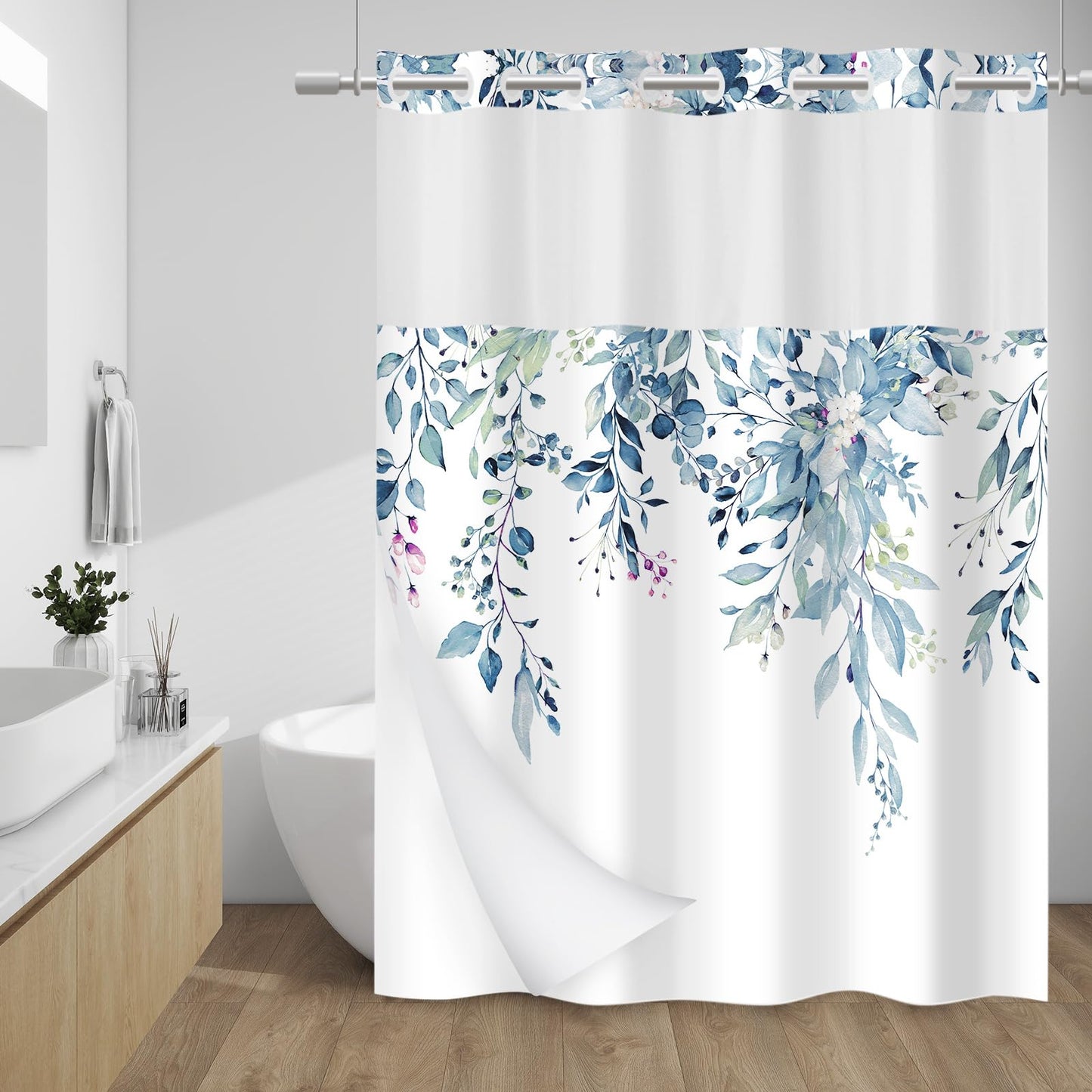 WITHLOC No Hook Shower Curtain with Snap in Liner - Eucalyptus Shower Curtain - Fabric Waterproof Inner Liner, Plants Blue Leaves Modern Shower Curtains - Machine Washable, 71 x 74