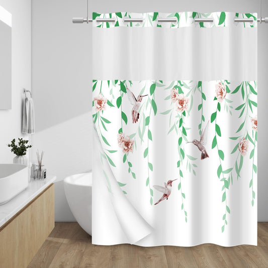 WITHLOC No Hook Shower Curtain with Snap in Liner - Fabric Waterproof Inner Liner, Plants Green Floral Pink Nature Birds Cloth Shower Curtains Washable, 71 x 74 Inch