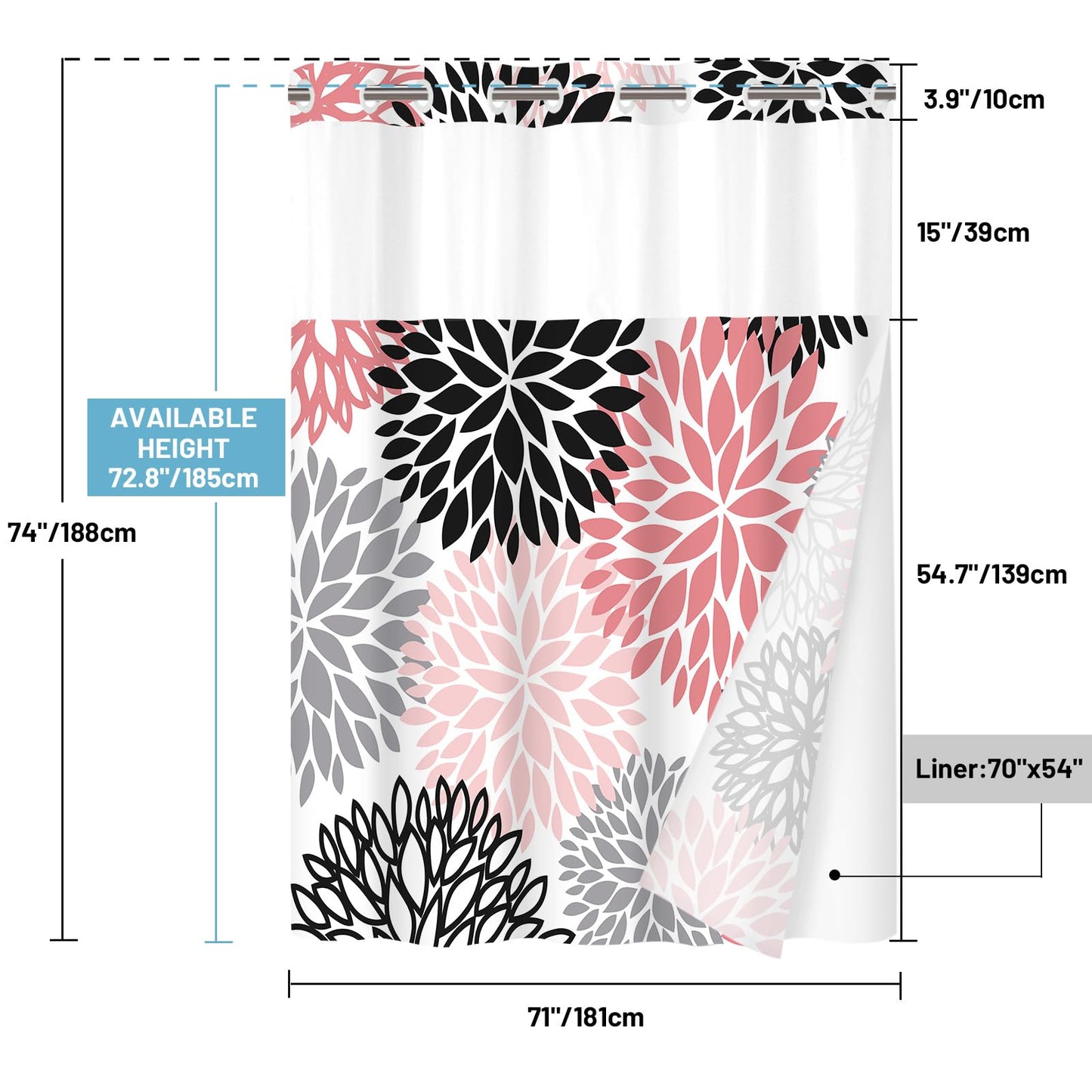 WITHLOC No Hook Shower Curtain with Snap in Liner - Dahlia Floral Shower Curtain - Fabric Waterproof Inner Liner, Plants Pink Grey Flowers Modern Cloth Shower Curtains - Machine Washable, 71 x 74