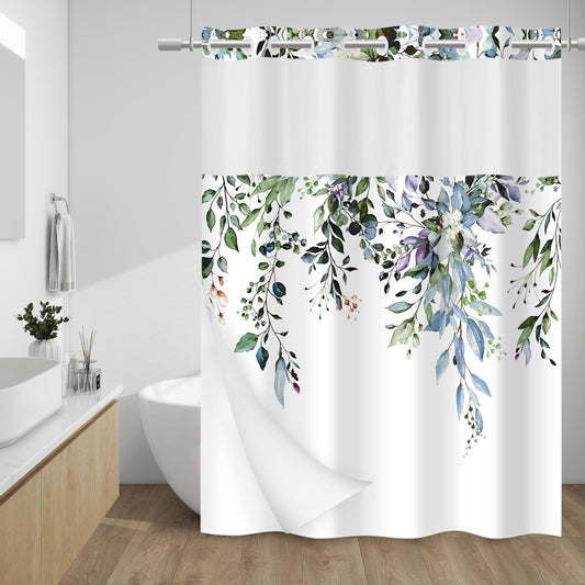 WITHLOC No Hook Shower Curtain with Snap in Liner - Eucalyptus Shower Curtain - Fabric Waterproof Inner Liner, Plants Green Leaves Modern Shower Curtains - Machine Washable, 71 x 74