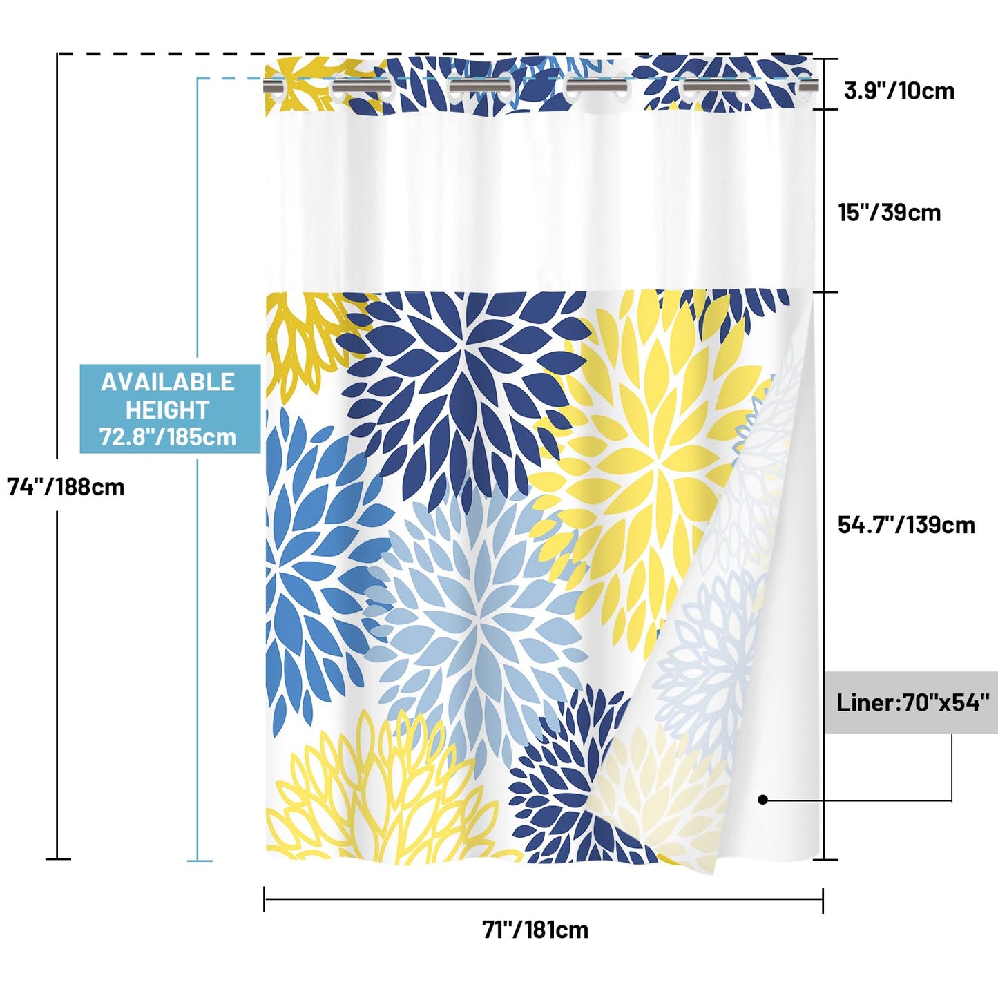 WITHLOC No Hook Shower Curtain with Snap in Liner - Dahlia Floral Shower Curtain - Fabric Waterproof Inner Liner, Plants Yellow Navy Blue Flowers Cloth Shower Curtains - Machine Washable, 71 x 74