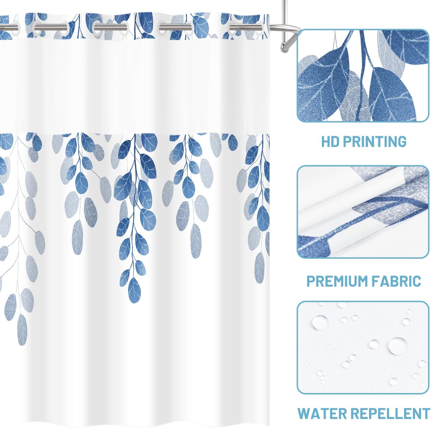 WITHLOC No Hook Shower Curtain with Snap in Liner - Eucalyptus Shower Curtain - Fabric Waterproof Inner Liner, Plants Blue Leaves Farmhouse Cloth Shower Curtains - Machine Washable, 71 x 74 Inch