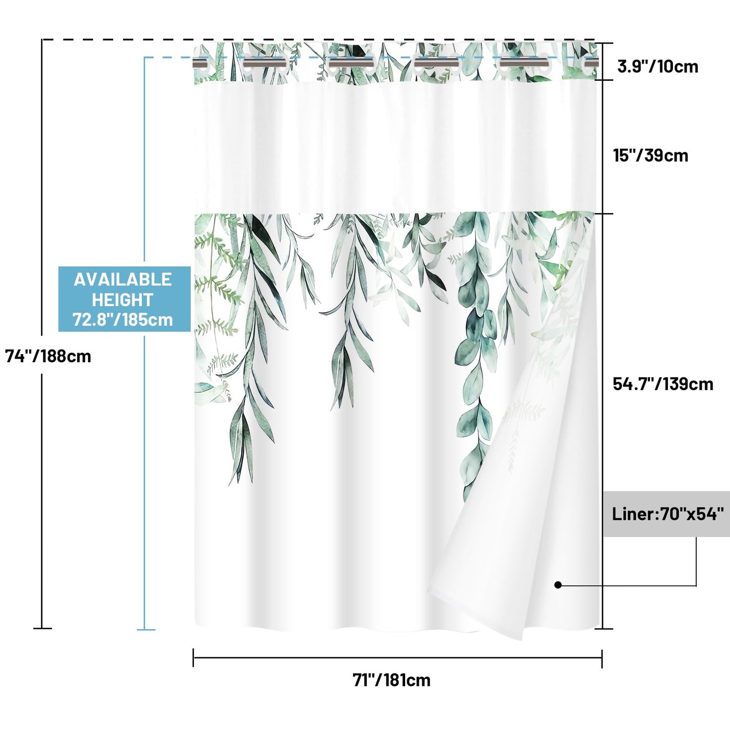 WITHLOC No Hook Shower Curtain with Snap in Liner - Fabric Waterproof Inner Liner, Plants Watercolor Green Eucalyptus Leaves Farmhouse Cloth Shower Curtains - Machine Washable, 71 x 74 Inch