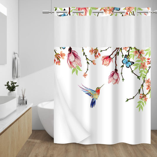 WITHLOC No Hook Shower Curtain with Snap in Liner - Fabric Waterproof Inner Liner, Plants Pink Floral Blue Nature Birds Cloth Shower Curtains Washable, 71 x 74 Inch